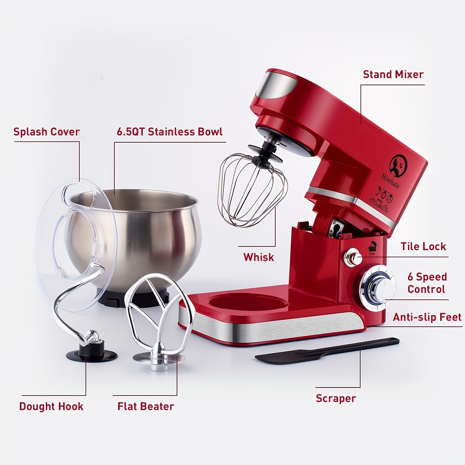 Stand Mixer, 6 Quart, 600W 6+P Speed Household Electric Food Mixer