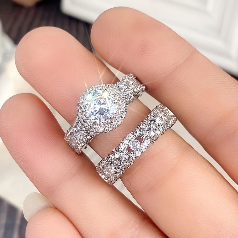 2pcs Micro Pave Zirconia Engagement Rings Set April Birthstone