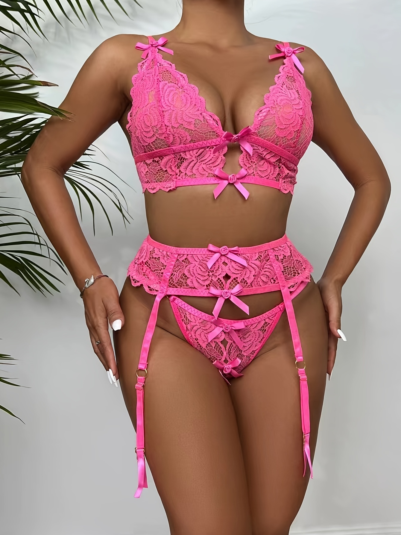 3 Pcs Seductive Floral Lace Lingerie Set With Hollow Out Bra, Garter Belt,  And G-String - Perfect For Women's Intimate Wear
