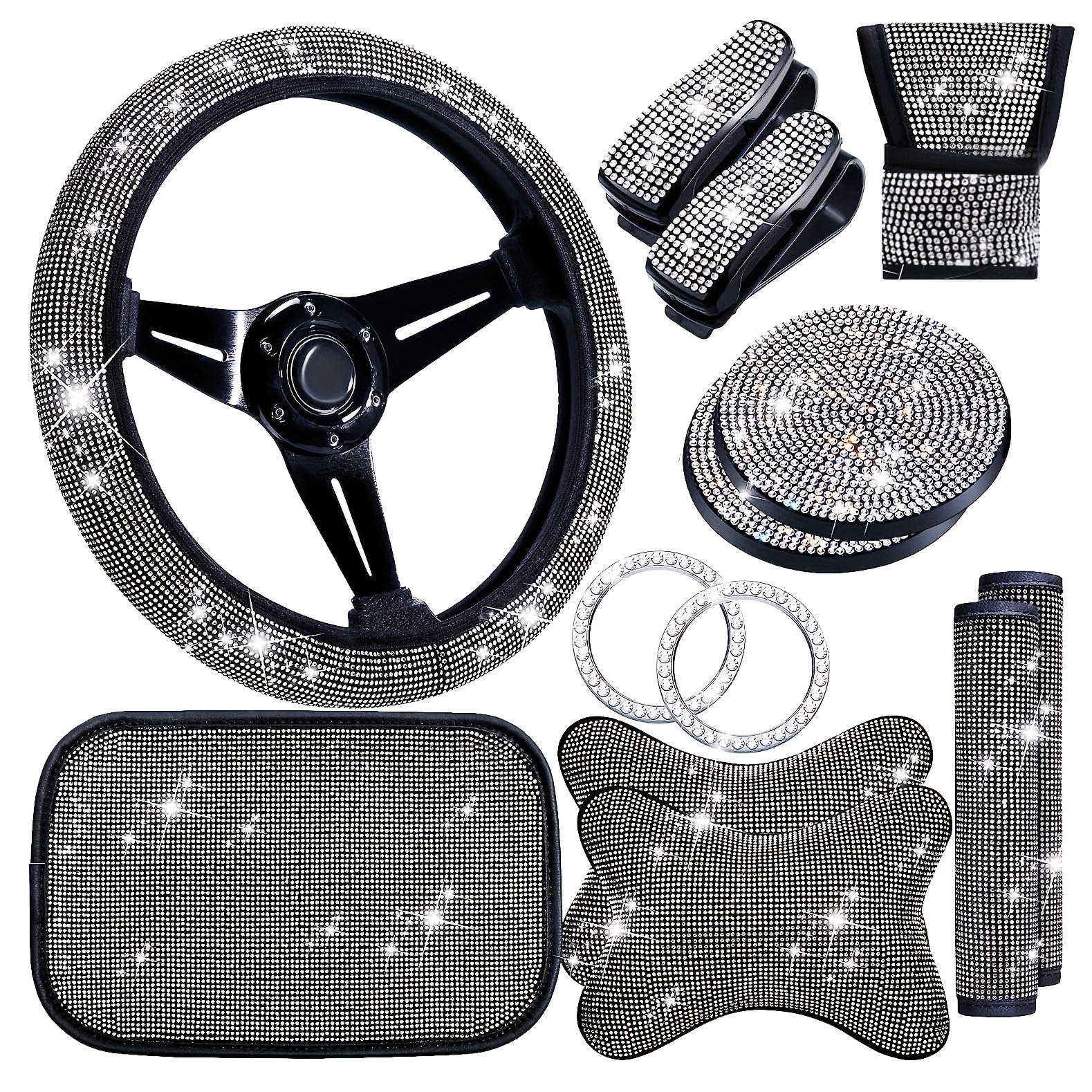 22 Pcs Bling Car Accessories Set for Women, Crystal Rhinestones Steering  Wheel Cover License Plate Frame Car Phone Holder, Crystal Diamond Car