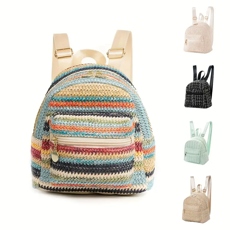 Mini Colorful Straw Backpack,striped Mini Backpack, Leisure Backpack - Temu