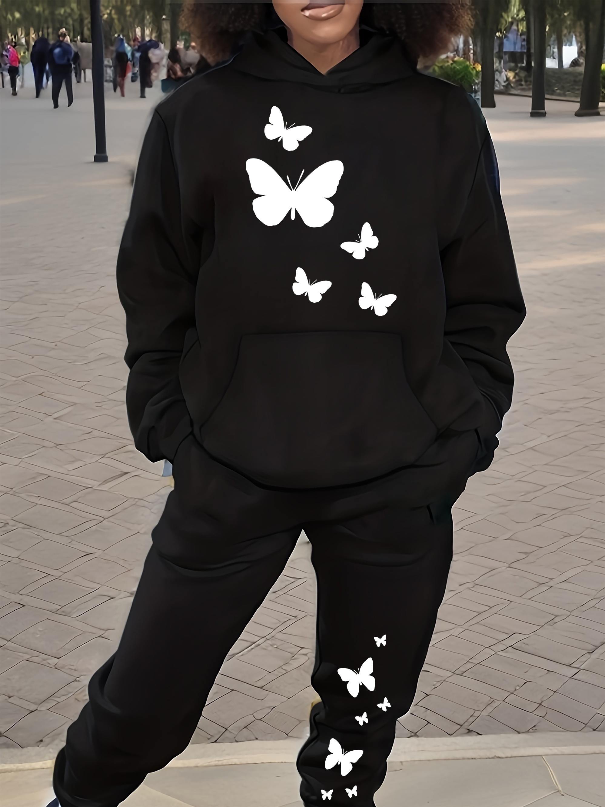Women Fashion Butterfly Printed Sweatshirt And Sweatpants Two Pieces Set S- 2XL - 4S38MT071 Size S - Color Black_4496