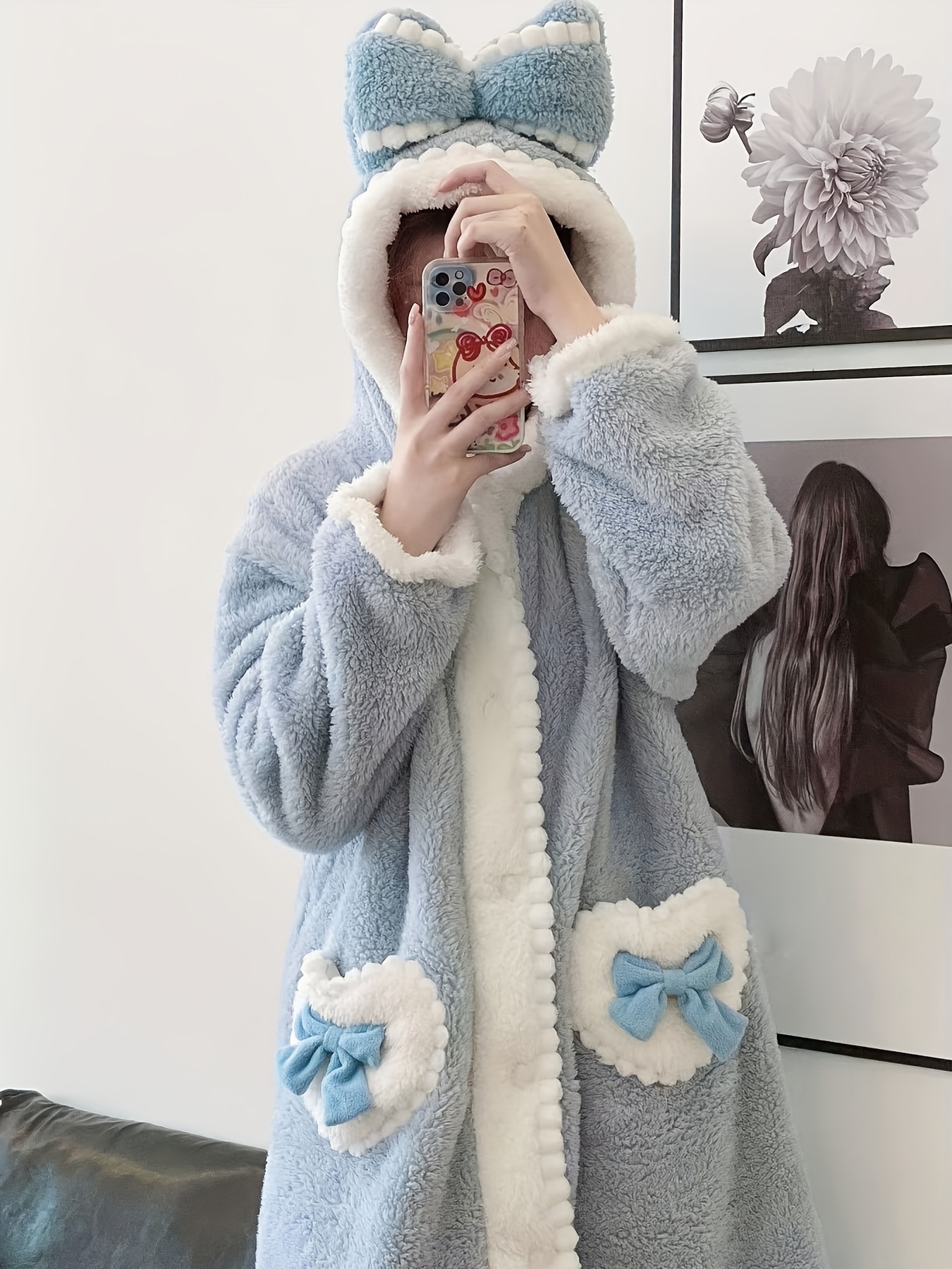 Women Fleece Hooded Robes Soft Plush Cute Rabbit Ears Bathrobe with Pockets  Fluffy Knee Length House Coat Spa Robe Loungewear : : Clothing
