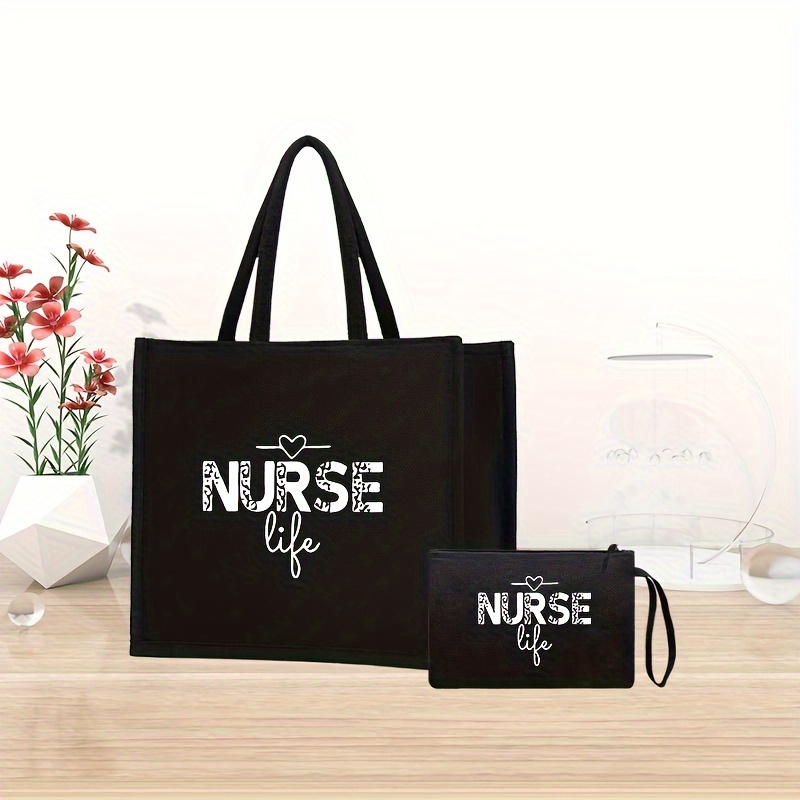 

2pcs/set Nurse Print Tote Bag, Large Capacity Shoulder Bag, Women's Fashion Handbag & Pencil Case