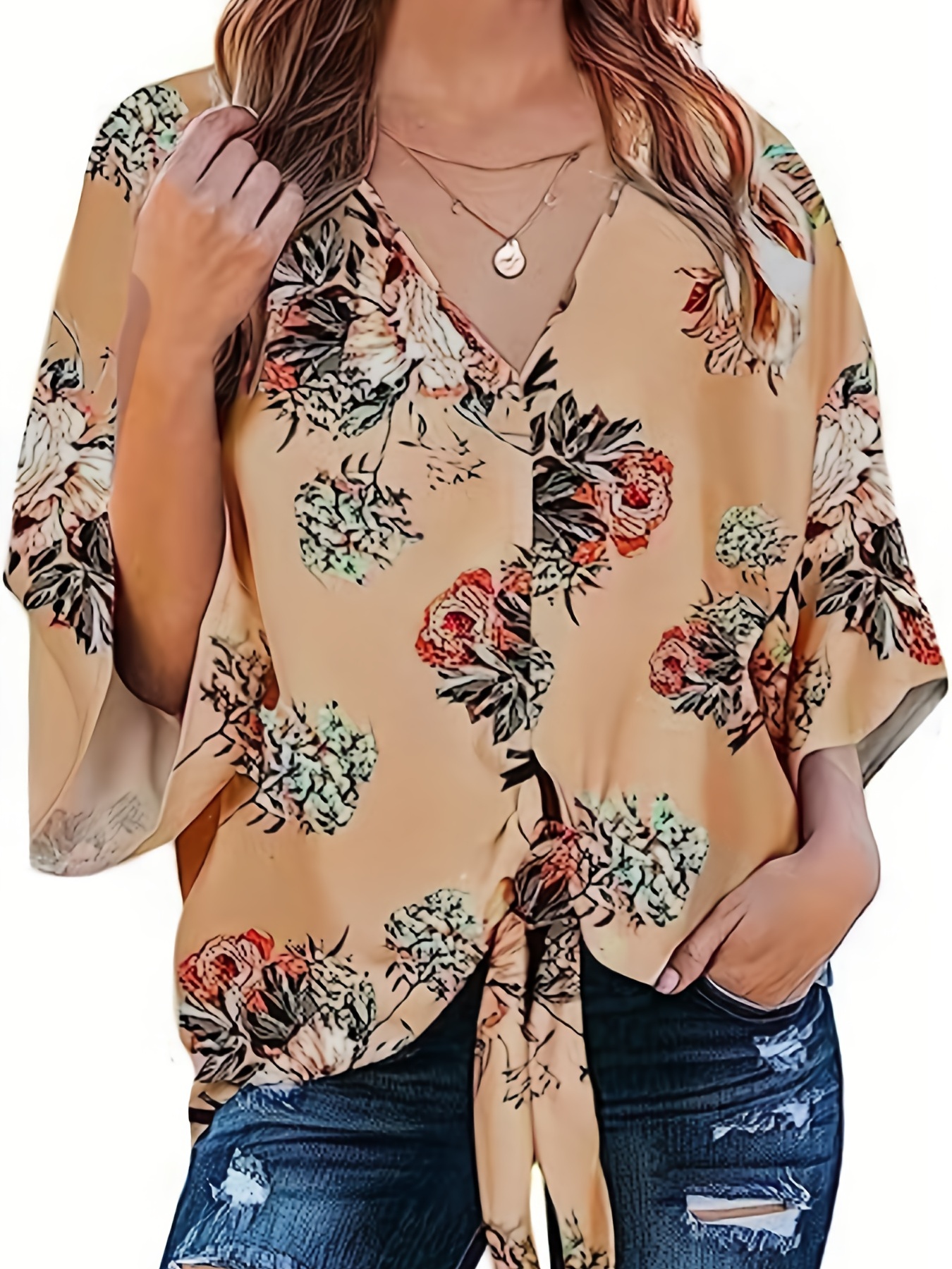 Blusa Com Estampa Floral Com Decote Em V, Blusa Casual Com Gravata