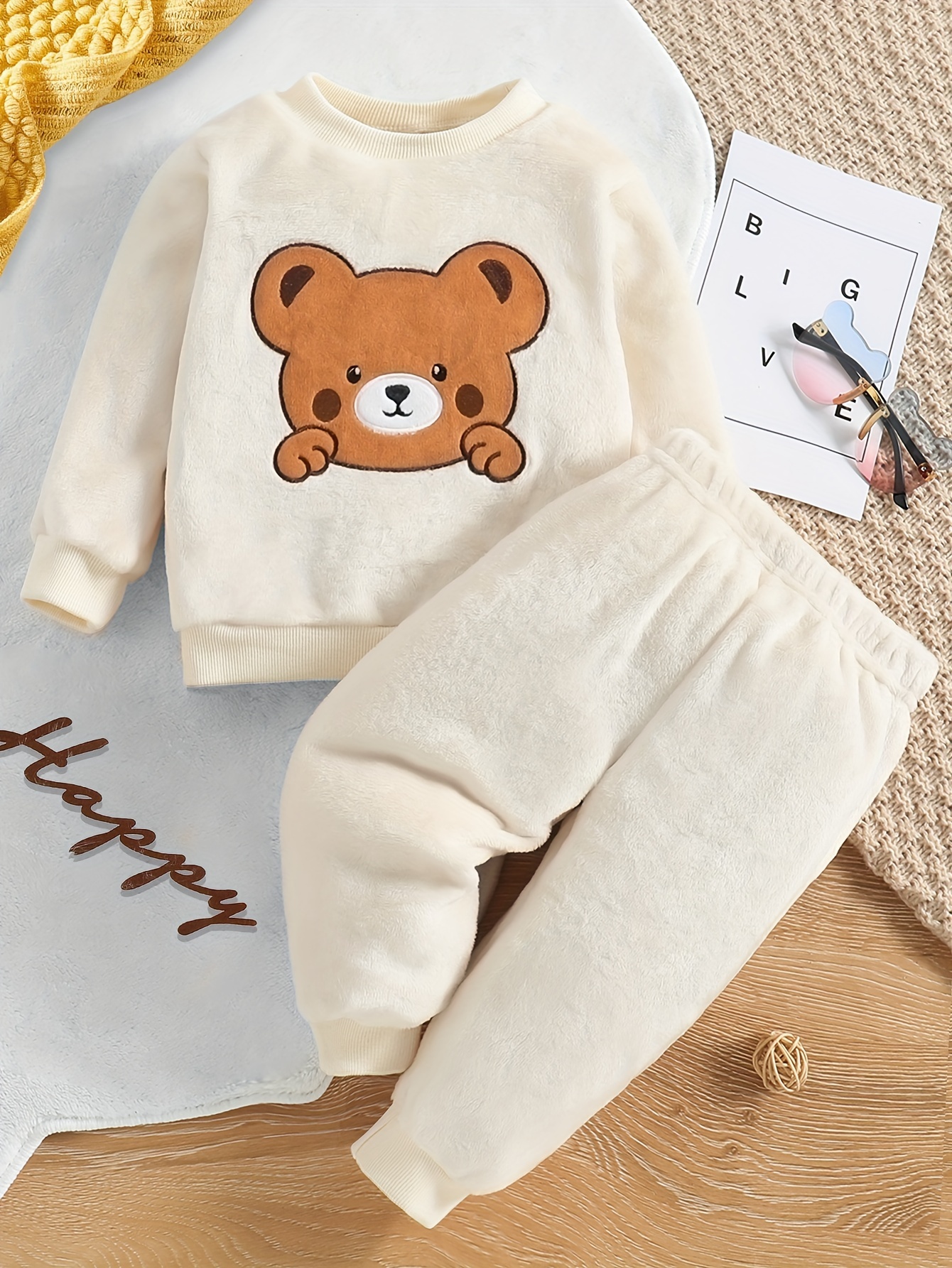 Two Tone Colorblock Fuzzy Cartoon Bear Terry Embroidered Hoodie