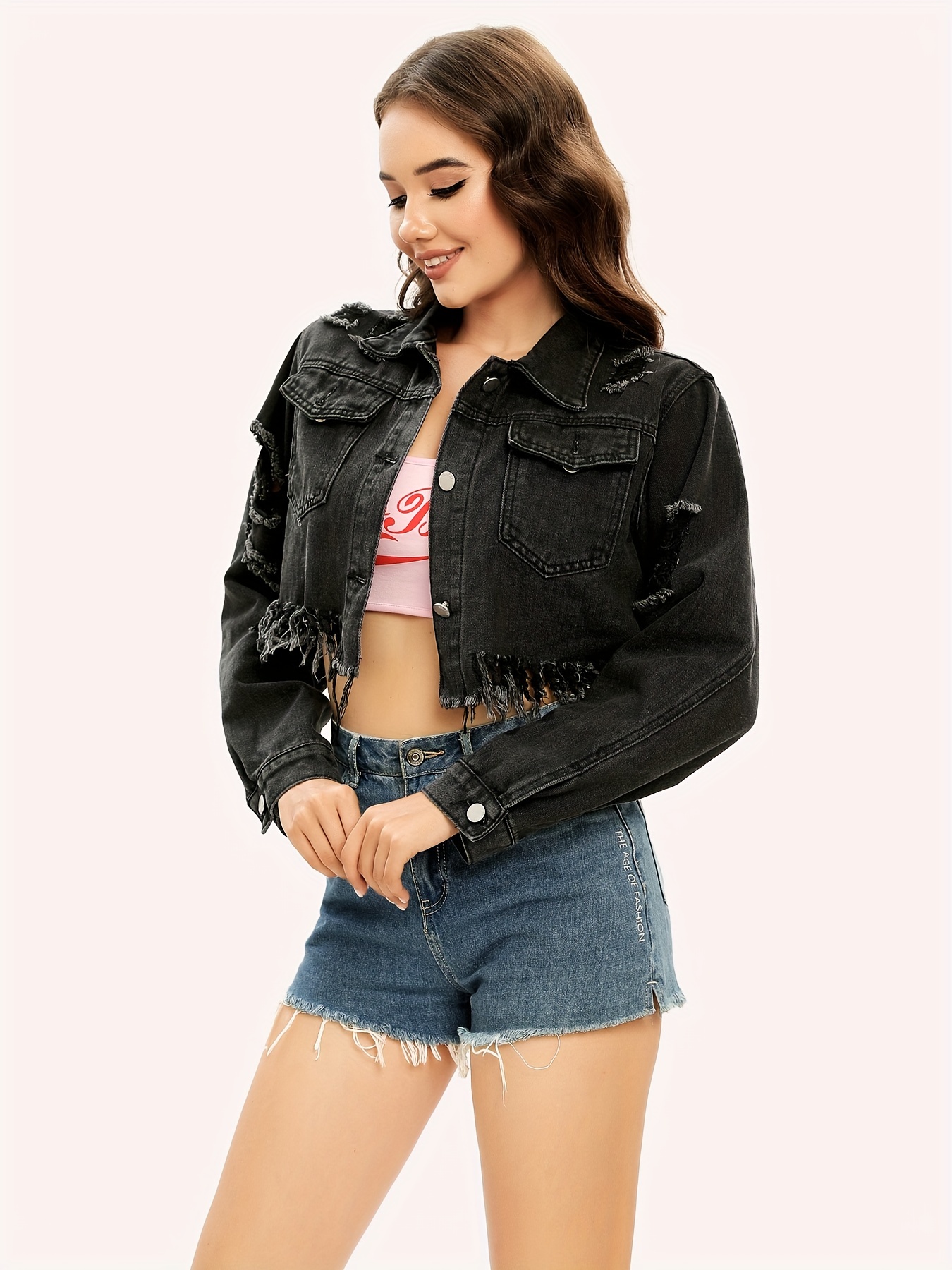 Black distressed outlet cropped denim jacket