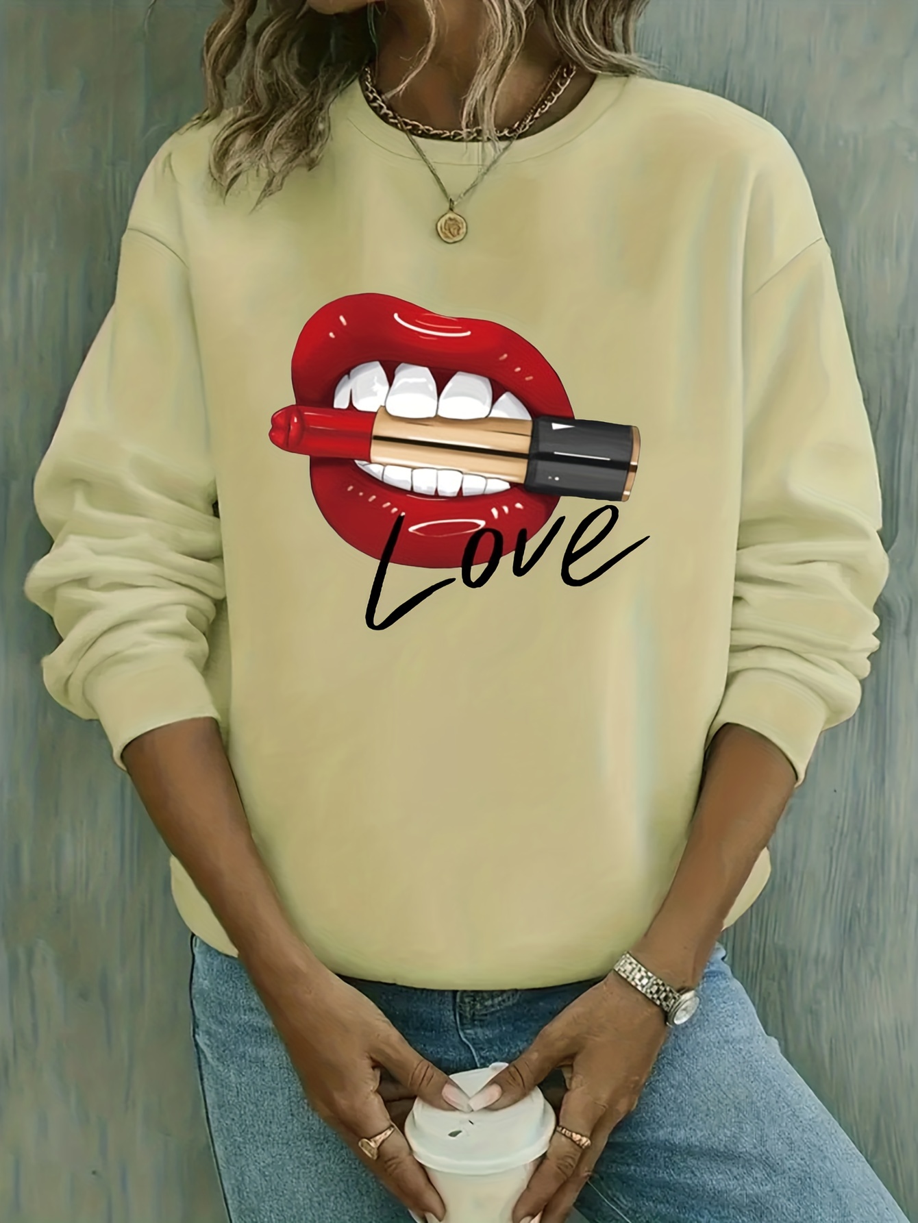 Sudadera Con Estampado De Labios Sudadera Informal De Manga Larga