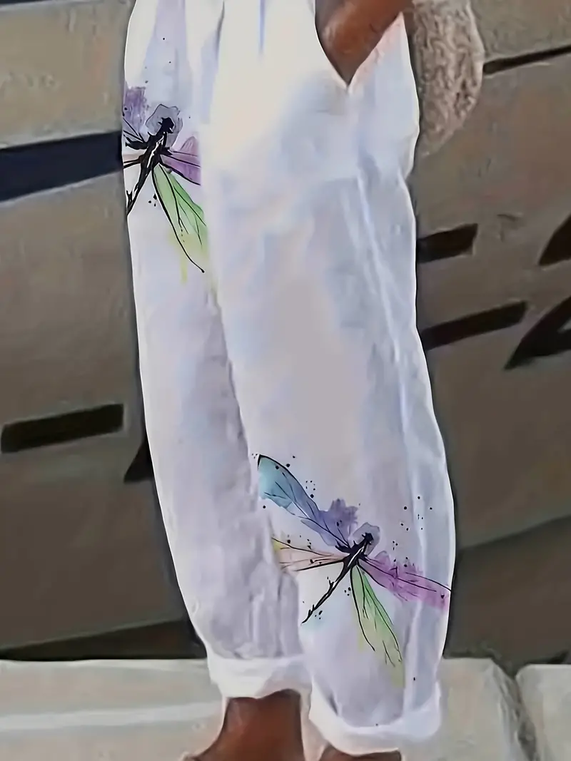 Dragonfly Print Pants Casual Elastic Waist Summer Pants - Temu Canada