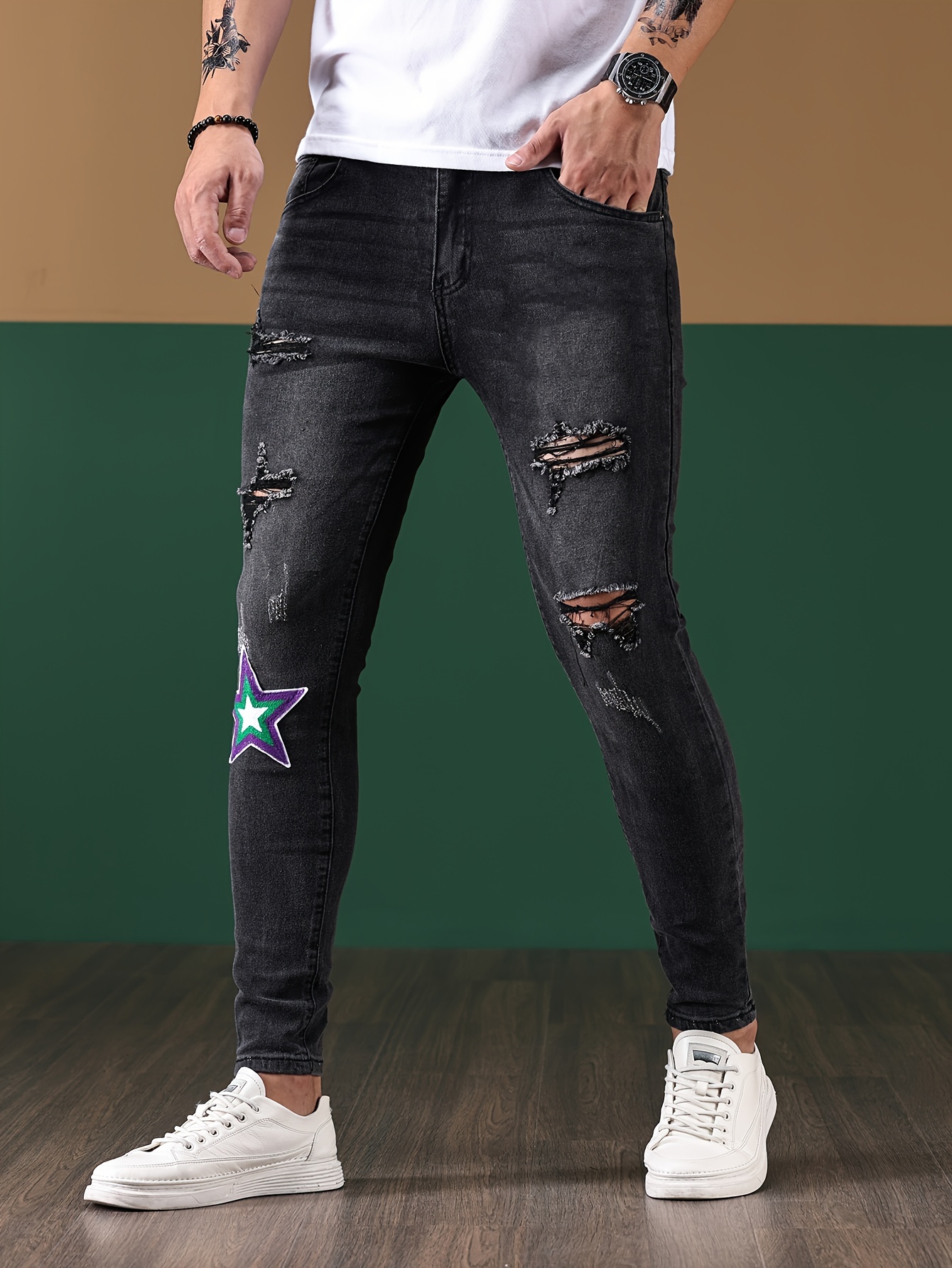 Mens Slim Fit Skinny Jeans With Orange Star Patches Biker Denim Stretch  Cult, Motorcycle Jeans Trendy Long Straight Hip Hop Style With Hole Blue  From Adultclothes, $53.21
