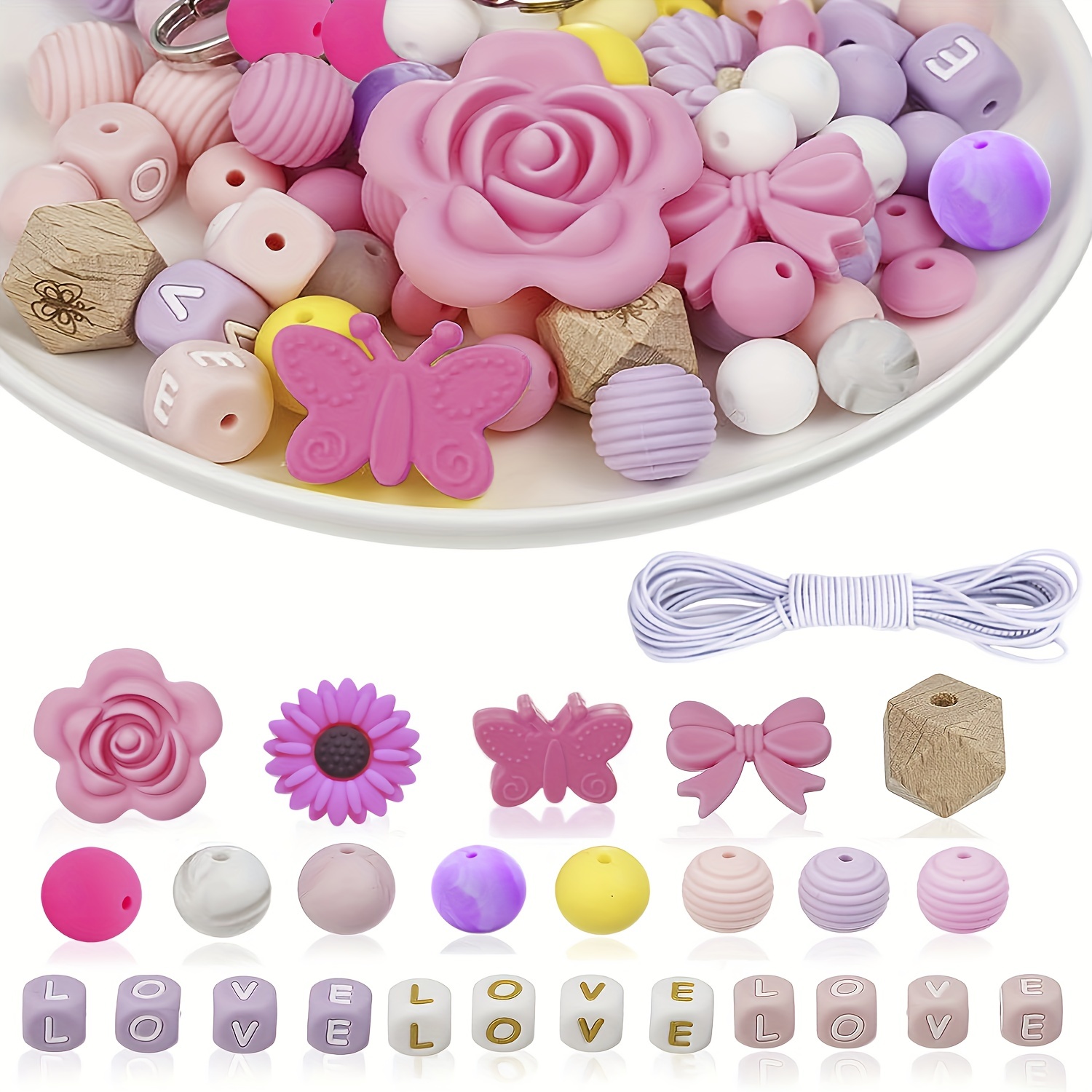 1Box Silicone Beads For Bracelet Making Kit Macaroon Color Beads Set LOVE  Letter Acrylic Beads Flower Pendant Alloy Clasp Cord For Beaded Bracelets  And Ankles DIY Jewelry Girl Gift Set