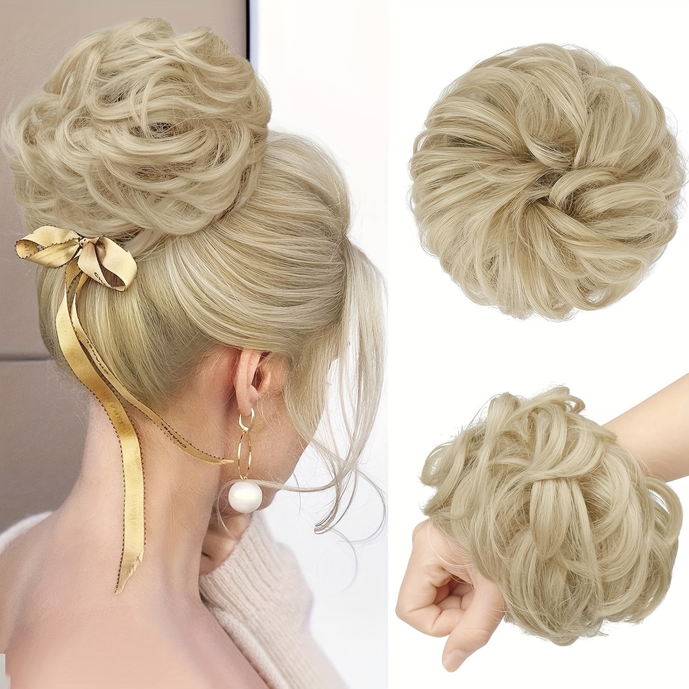 

Messy Bun Hair Piece Wavy Curly Scrunchies Synthetic Natural Blonde Ponytail Large Hair Extensions Thick Updo Hairpieces For Women