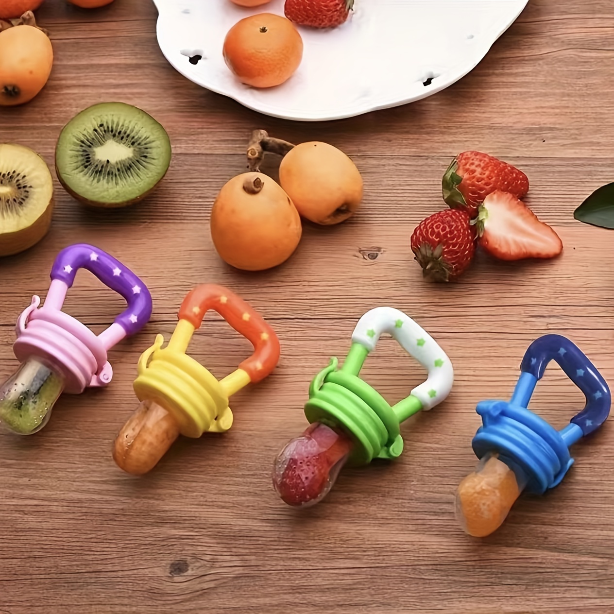  Alimentador de alimentos Chupete de frutas para bebés (3  piezas) con 6 chupetes de silicona de diferentes tamaños, 2 cucharas  dispensadoras de 3.0 fl oz, cucharas clip para dentición infantil, color  azul : Bebés