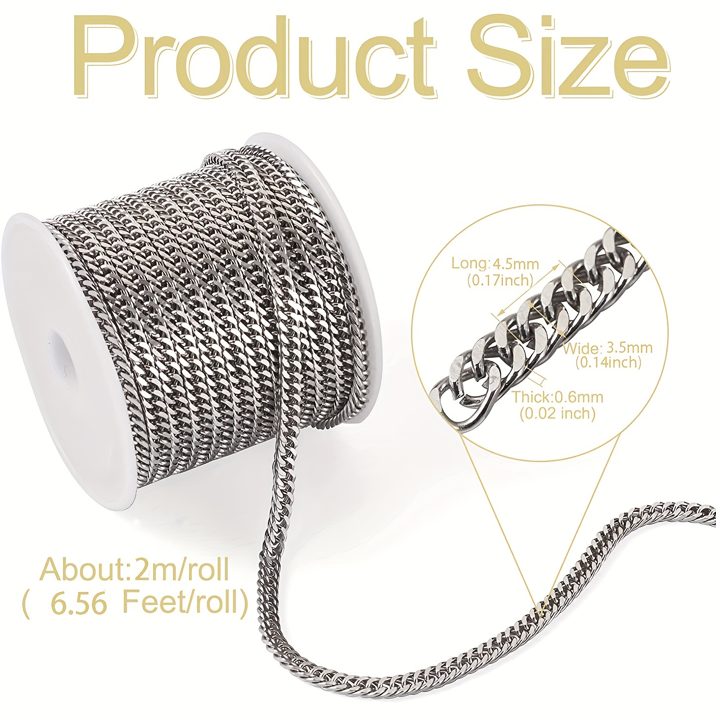 6.56ft Stainless Steel Cable Curb Chain Necklace Jewelry Making