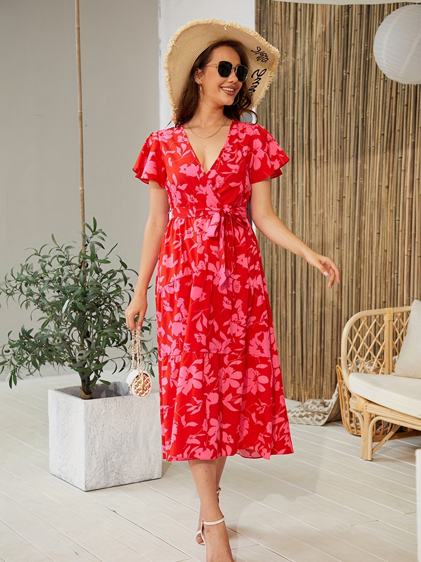 Short Sleeve Belted Midi Dress, V Neck Casual Dress For Summer & Spring,  Women's Clothing