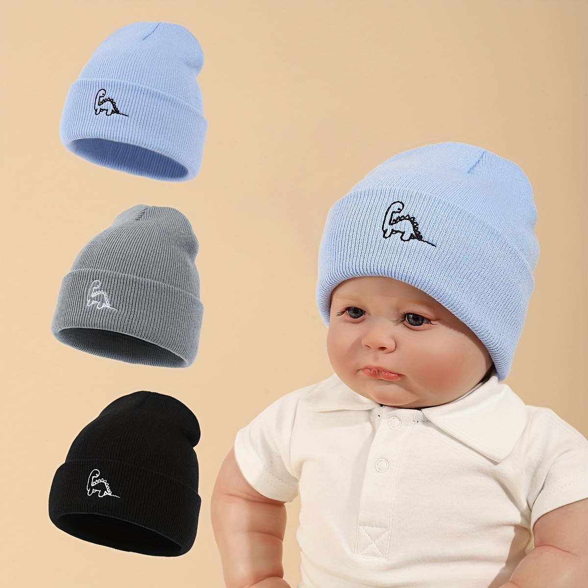 

3pcs/set Baby Dinosaur Beanie, Toddler Warm Knit Winter Hats