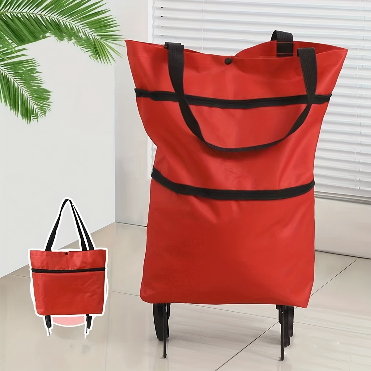 1-3pcs Foldable Large Capacity Shopping Cart with Wheels - Red, Durable Plastic, Leak-proof, Multi-compartment Shopping Cart for Groceries etc., Foldable