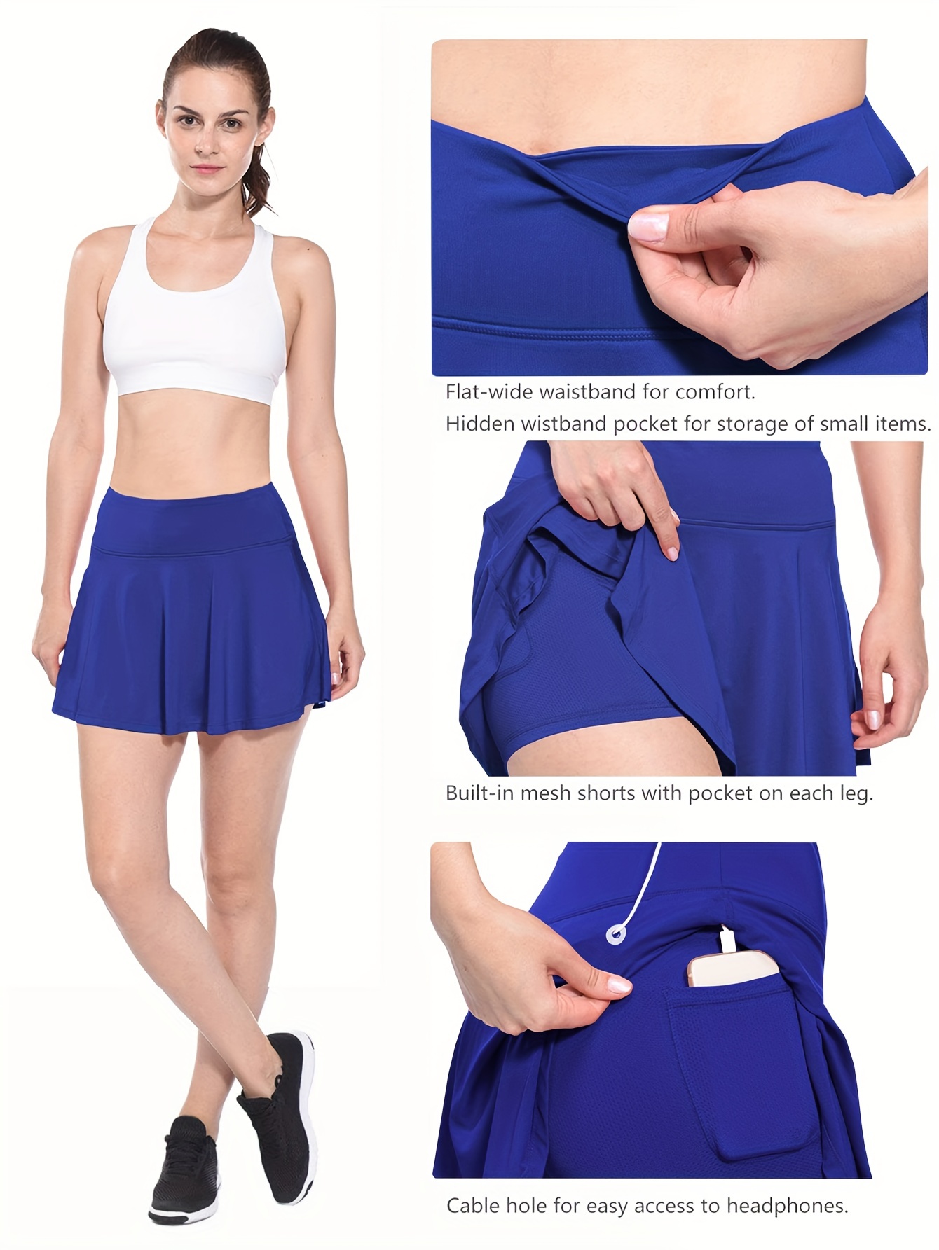 Pleated Tennis Skirts for Women with Pockets Shorts Athletic Golf Skorts  Activewear Running Workout Sports Skirt (Blue,Large) 