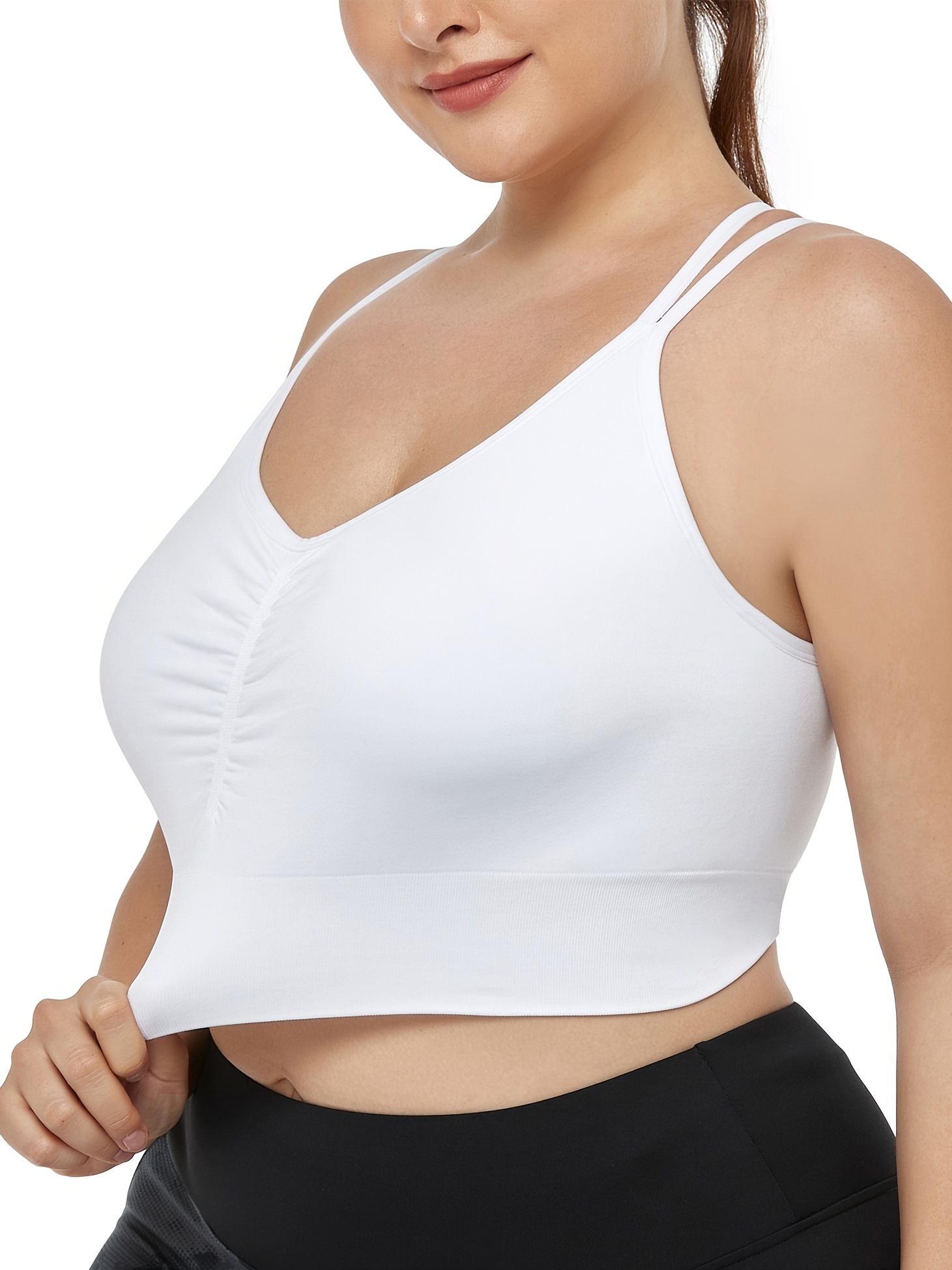Plus Size Sports Bra, Women's Plus Solid Ruched Strappy Crisscross Back  High Stretch Seamless Fitness Bra