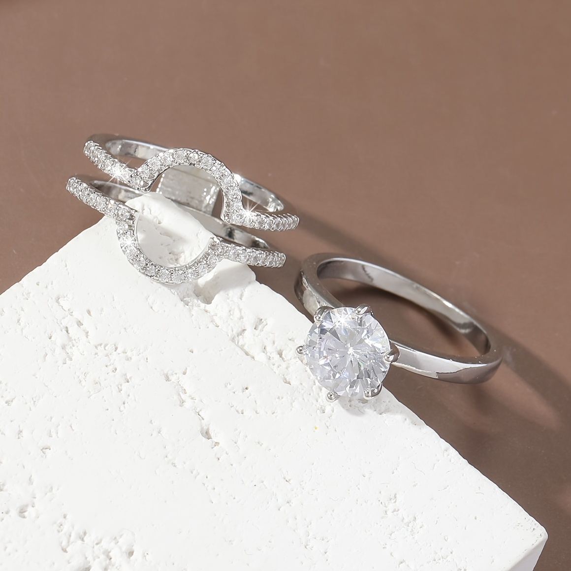 FZO 925 Sterling Silver Women's Ring Set - Square Zirconia Diamond & Sapphire Cocktail Rings, Size 6 - View #5