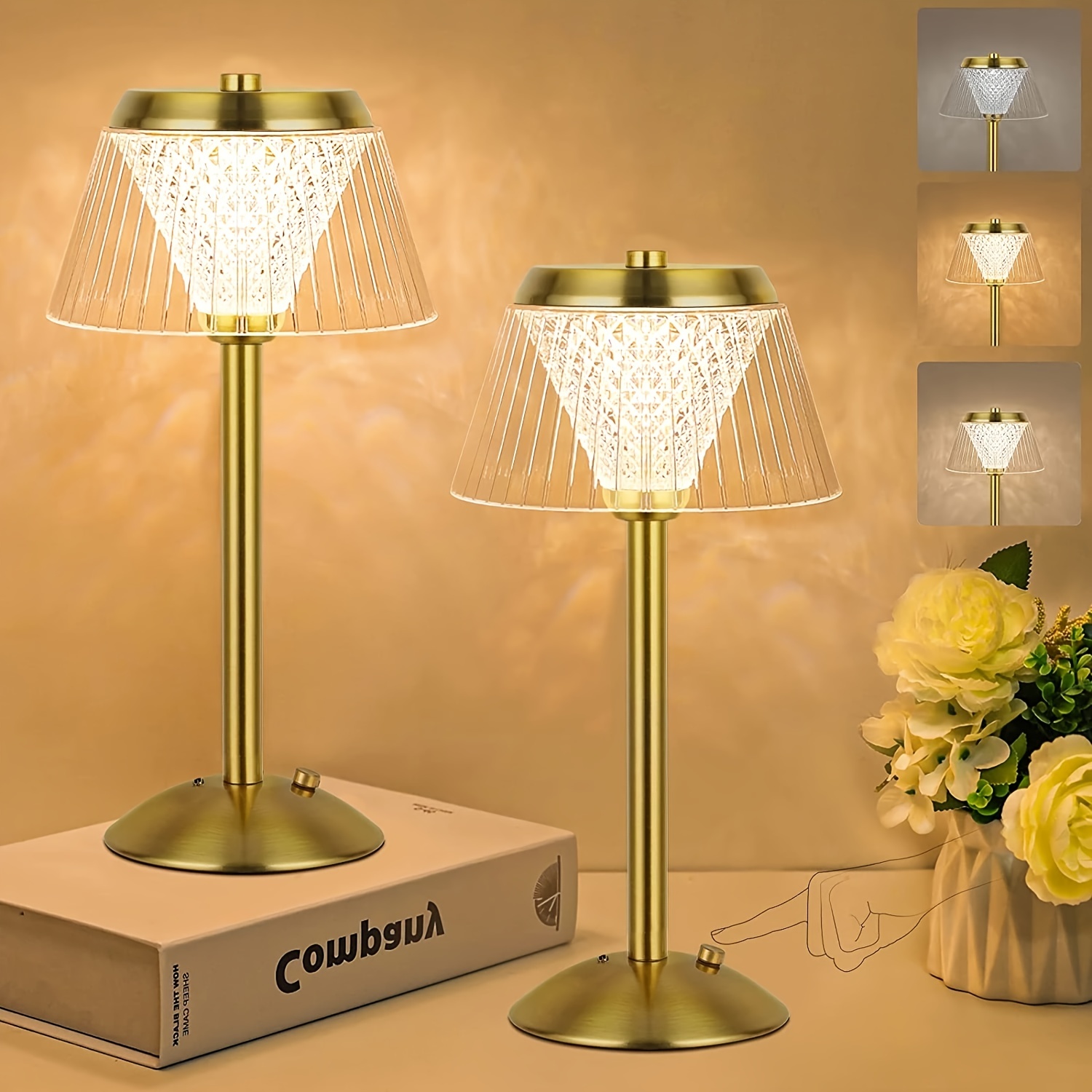 Lámpara de mesa LED portátil con sensor táctil, 3 colores regulables y de  brillo ajustable, lámpara de latón inalámbrica dorada recargable, lámpara  de