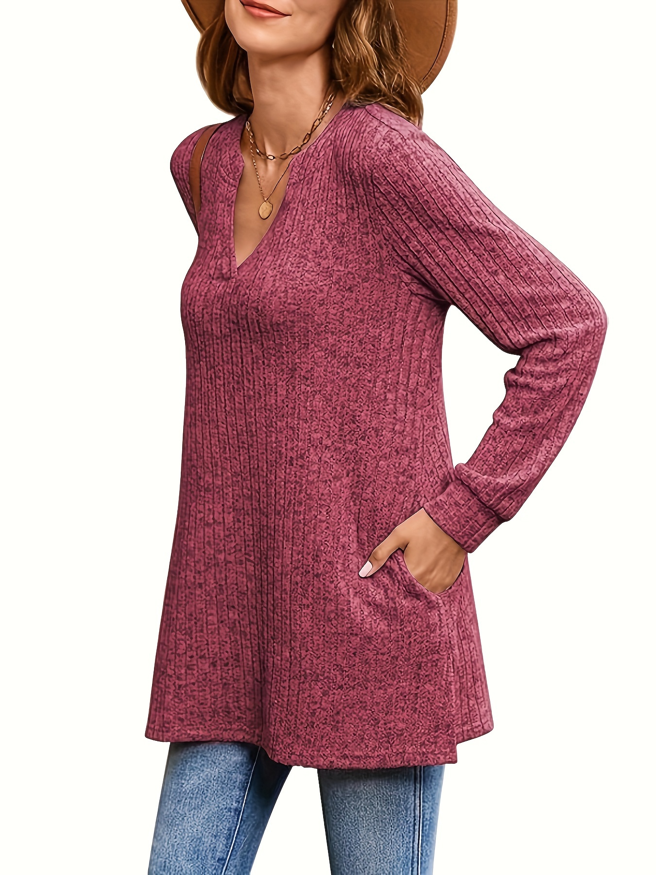 Solid Notched Neck Simple Tunics Versatile Long Sleeve Top - Temu