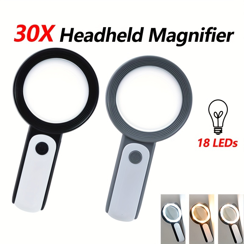 Magnifying Glass 30X Handheld, Magnifying Glass with Light, 18LED, 3 Color  Modes Cold and Warm, Magnifying Glass for Reading, Small Magnifer for