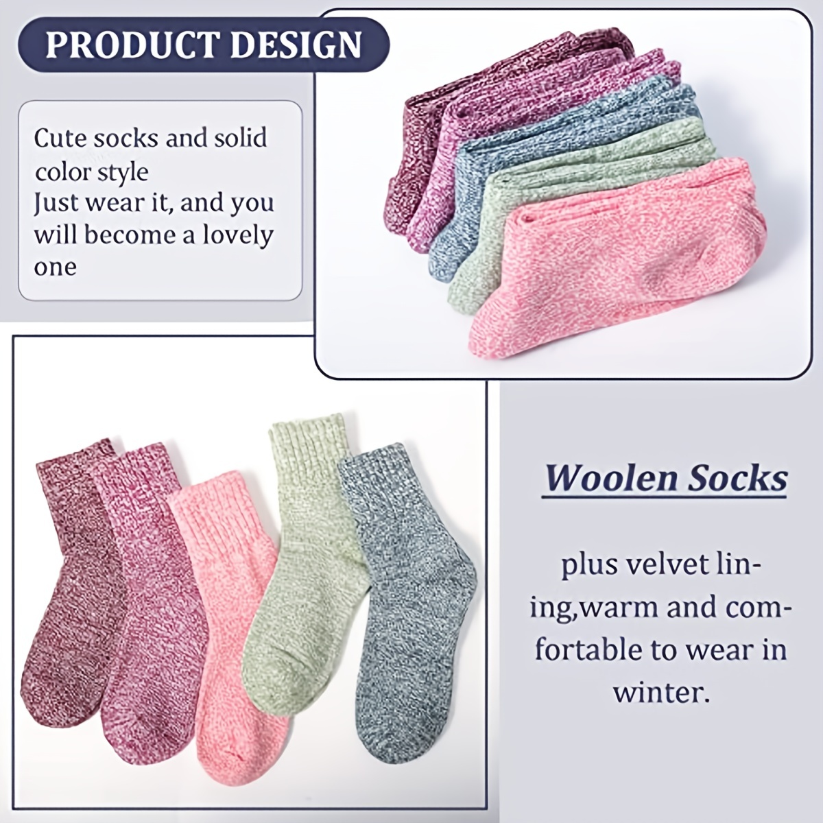 5 Pairs Wool Socks Winter Thick Knitted Cozy Woolen Socks Solid