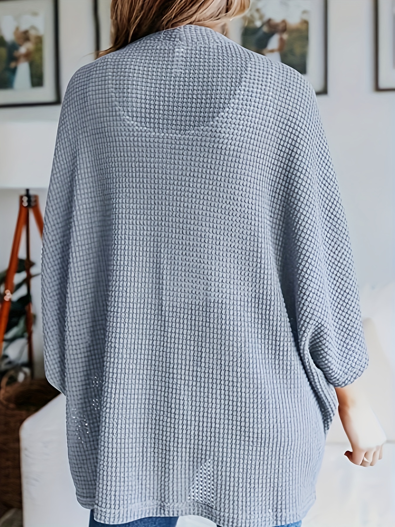 Casual Cardigan Women's Plus Solid Waffle Knit Open Front Cardigan
