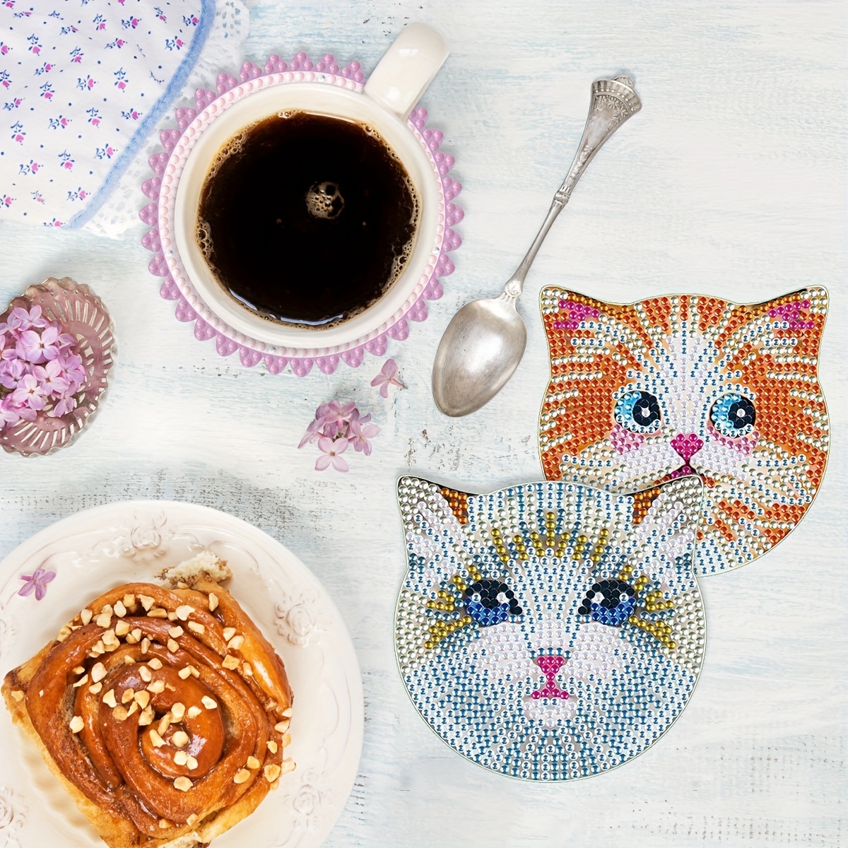 Cute Cat-DIY Diamond Painting Coaster Kit, Mosaic Making Wooden