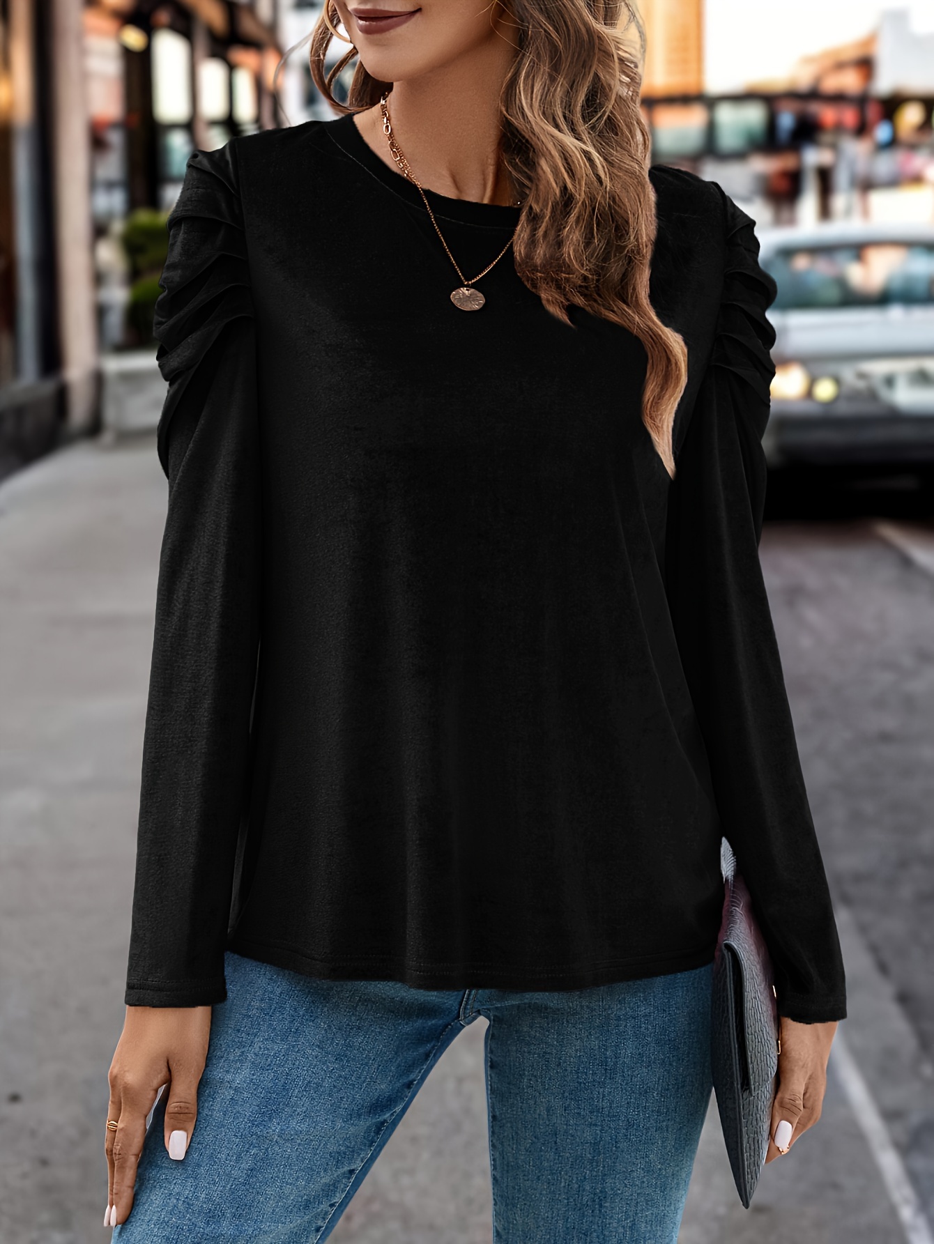 Solid Velvet Crew Neck Blouse, Casual Long Puff Sleeve Blouse For Spring &  Fall, Women's Clothing - Temu Japan