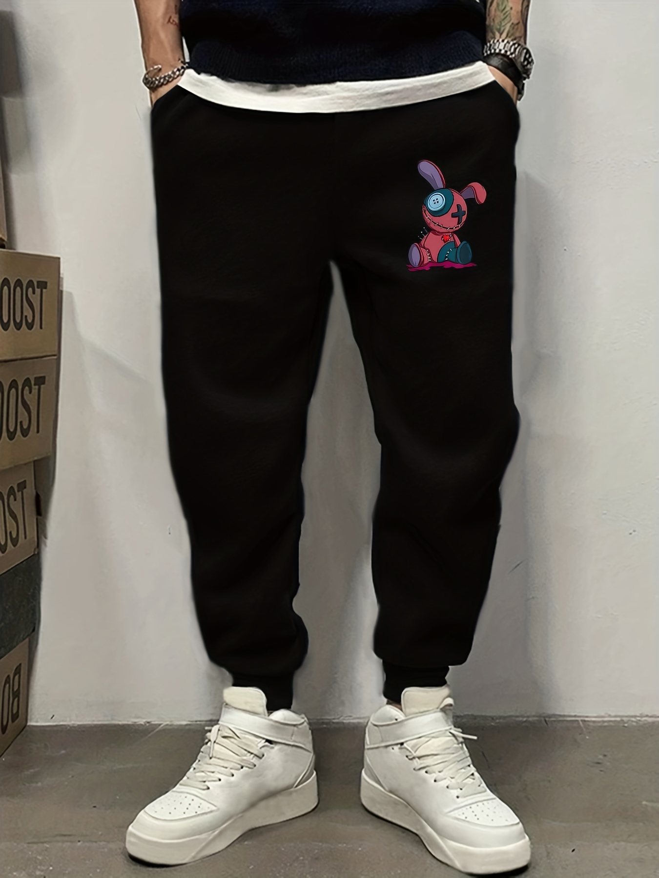 Men's Graffiti Rabbit Toy Pattern Printed Trousers With Pockets