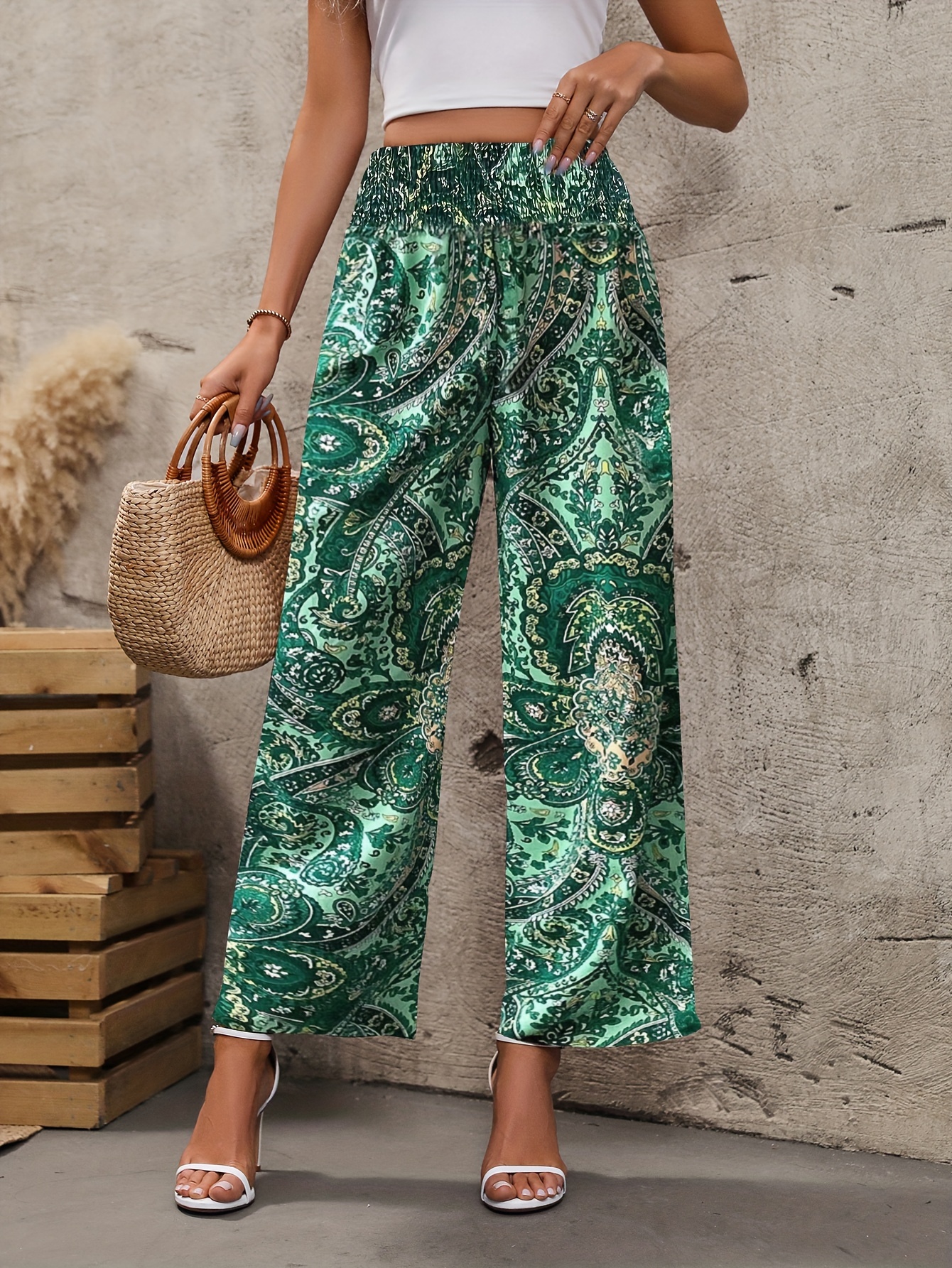 Floral Print Wide Leg Pants, Casual Shirred Waist Pants For