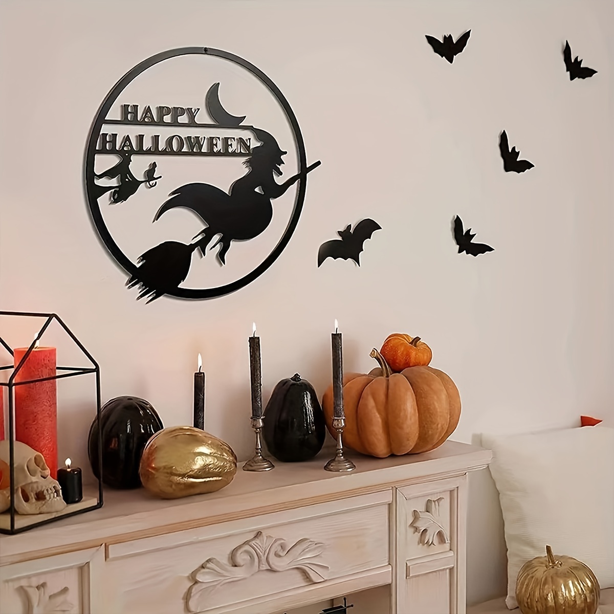 Happy Halloween Black Metal Witch Moon Bat Cat Wall Hanging Door ...