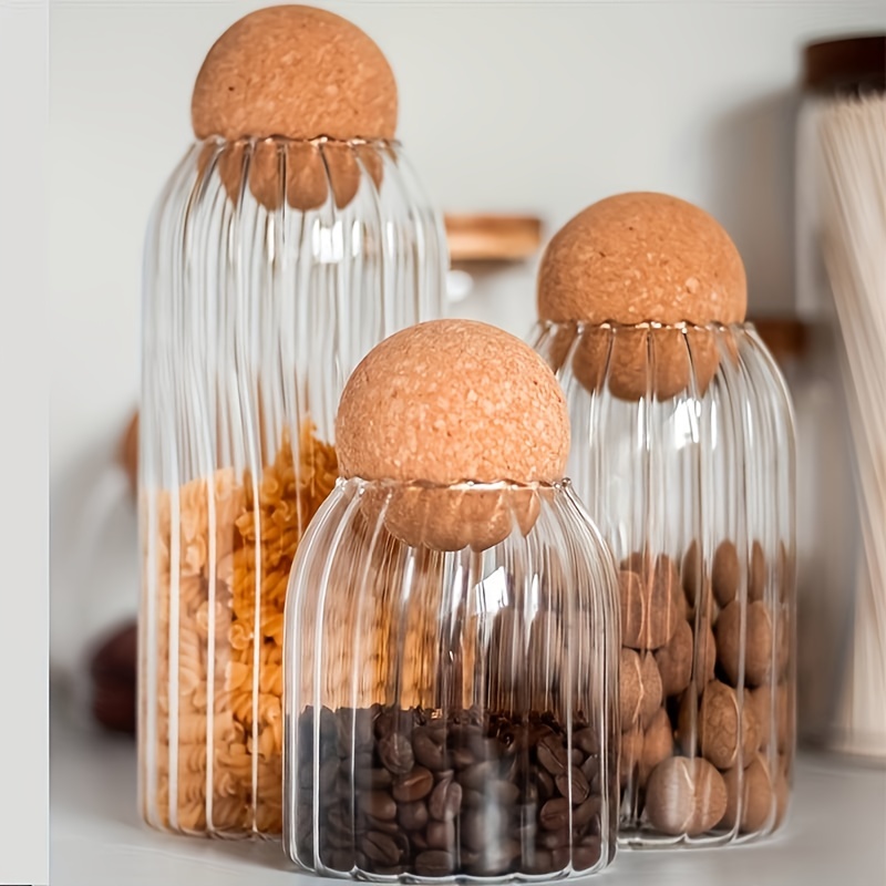 3pcs Glass Storage Container with Round Ball Cork,Coffee Bean Jar Glass Cork Clear Stripe Glass Bottles with Cork Glass Canisters for Food, Coffee