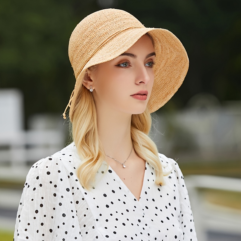 Women Fashion Straw Bow Soft Bucket Hat Summer Solid Beach Sun Hat  Fisherman Cap