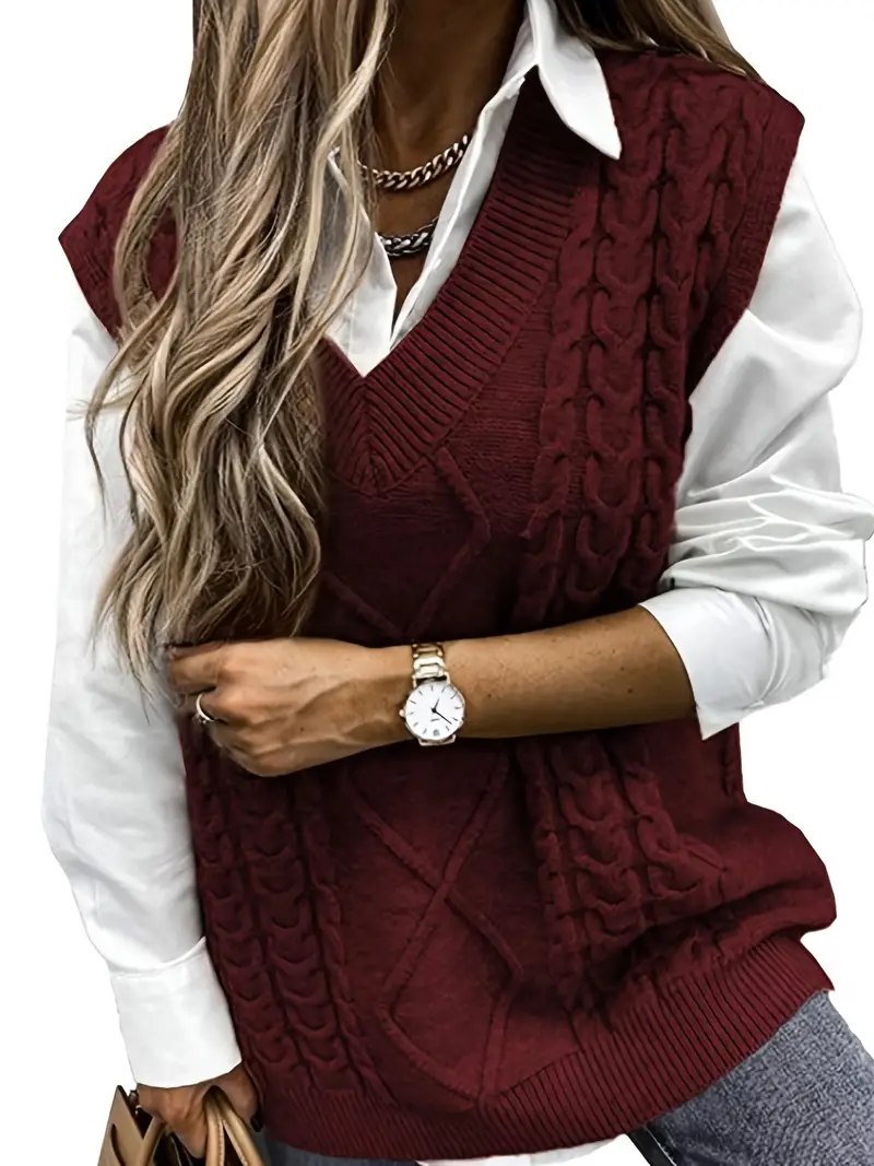 Cable V neck Sweater Vests Casual Loose Sleeveless Fall - Temu Canada