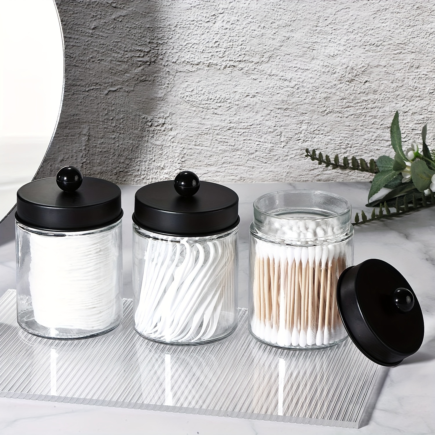 Glass Apothecary Jars With Lids - Set Of 3 - Small Glass Jars For Bathroom  Storage / Qtip