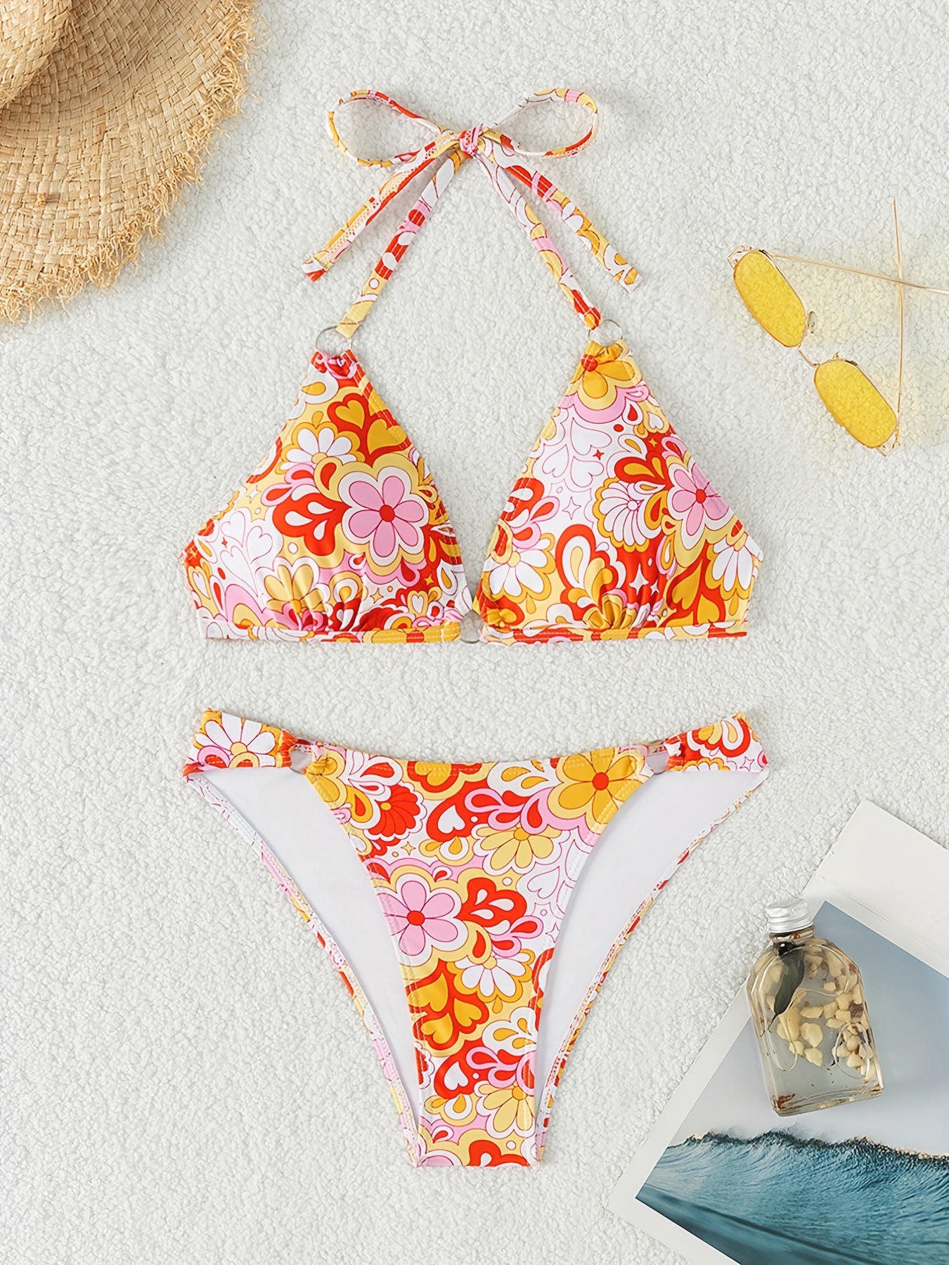 Women's Floral Printed Two Piece Bikinis Set Triangle Halter - Temu