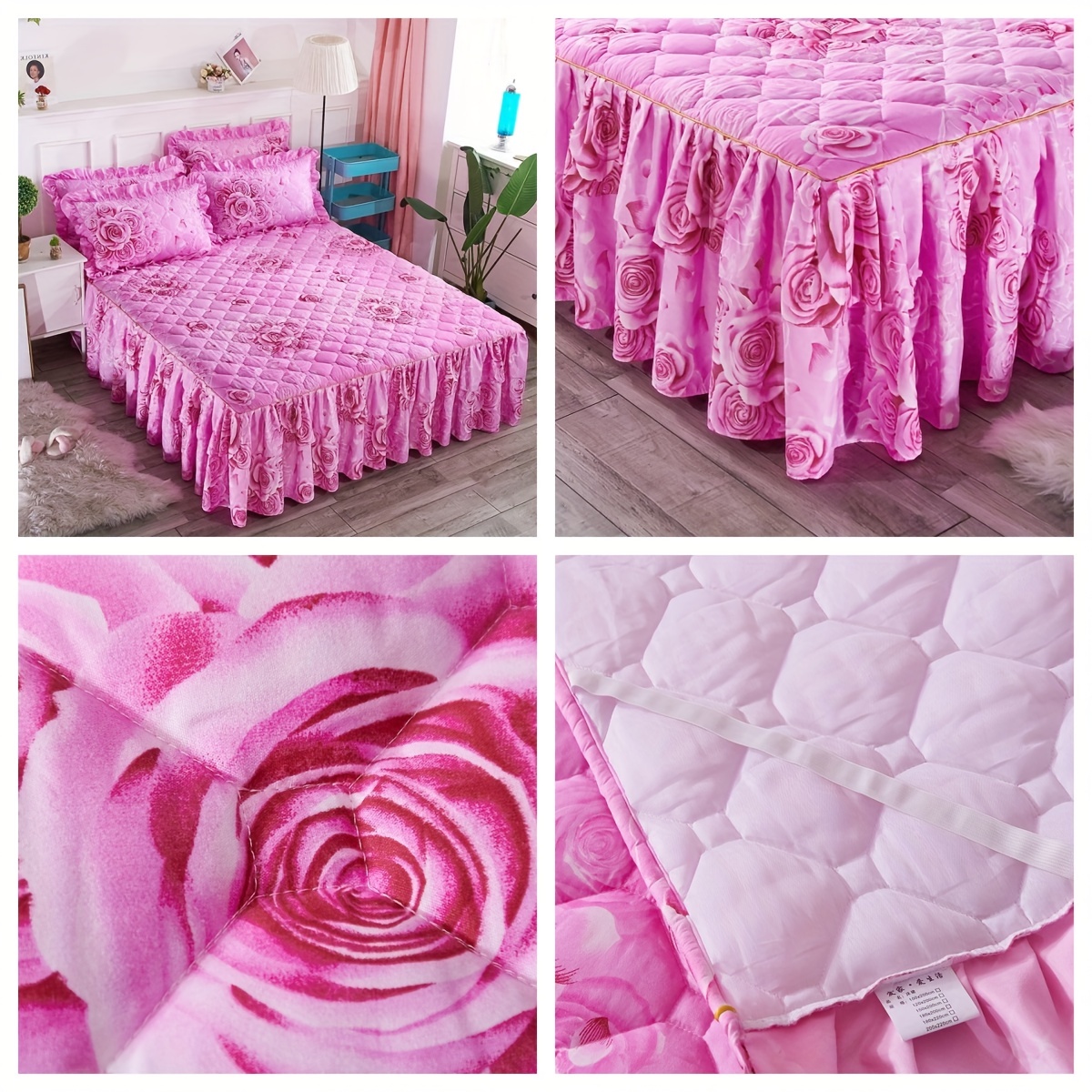 3pcs contemporary floral bed skirt set machine washable   double layer full wrap anti slip mattress protector woven polyester 90g fabric weight details 5