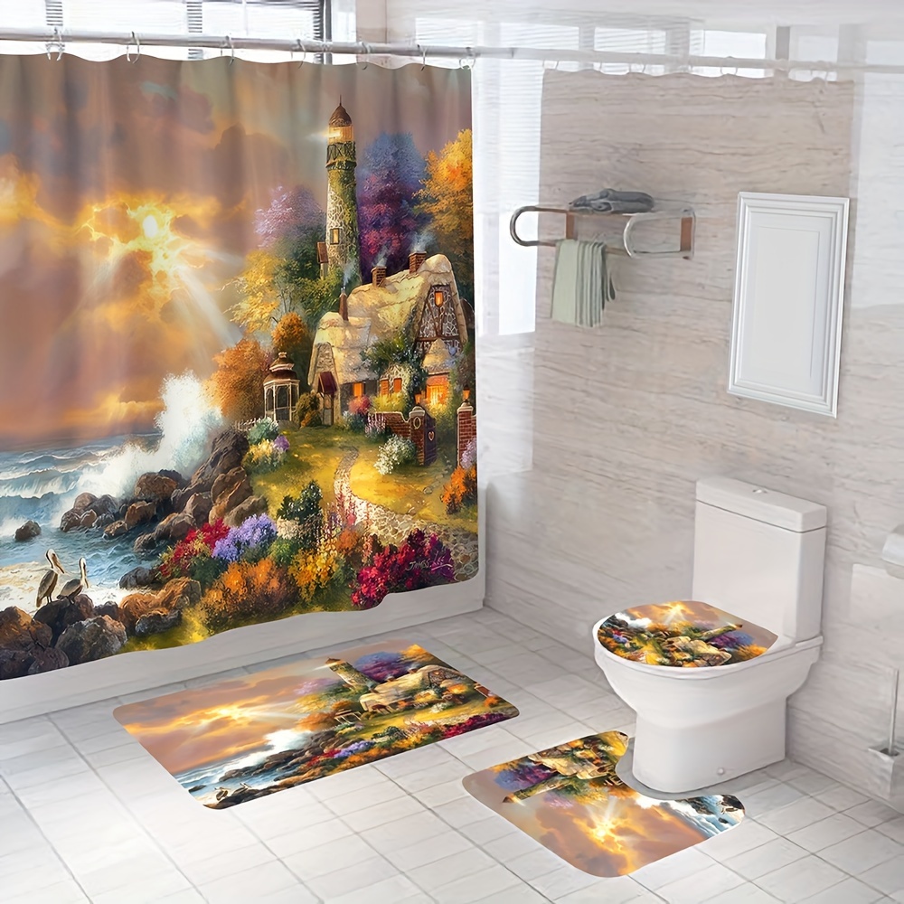 4pcs Seaside Castle Pattern Shower Curtain Set, Bathroom Rug, U-Shape Mat,  Toilet Lid Pad, Waterproof Curtain With 12 Hooks, Aesthetic Bathroom Decora