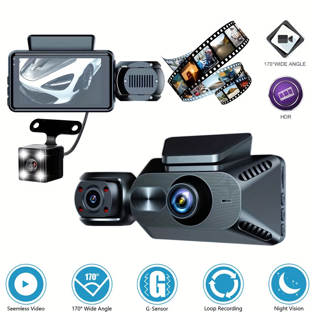 3-Kanal Dash Cam Front Und Rückseite Innen, 1080P Dash Cam IR Nachtsicht,  Loop-Aufnahme Auto
