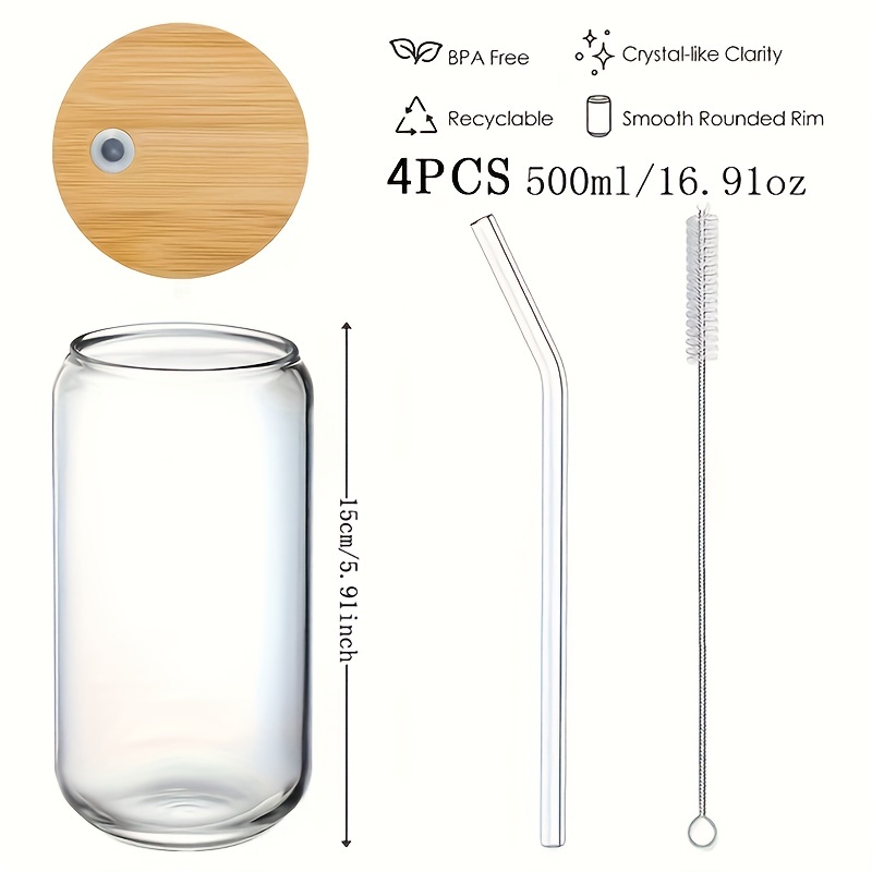 Drinking Glasses with Bamboo Lids and Glass Straw 2 Sets - 16oz Can Shaped Glass  Cups, Beer Glasses, Iced Coffee Glasses, Cute Tumbler Cup, Ideal for  Cocktail, Whiskey, Gift - 1 Cleaning Brushes