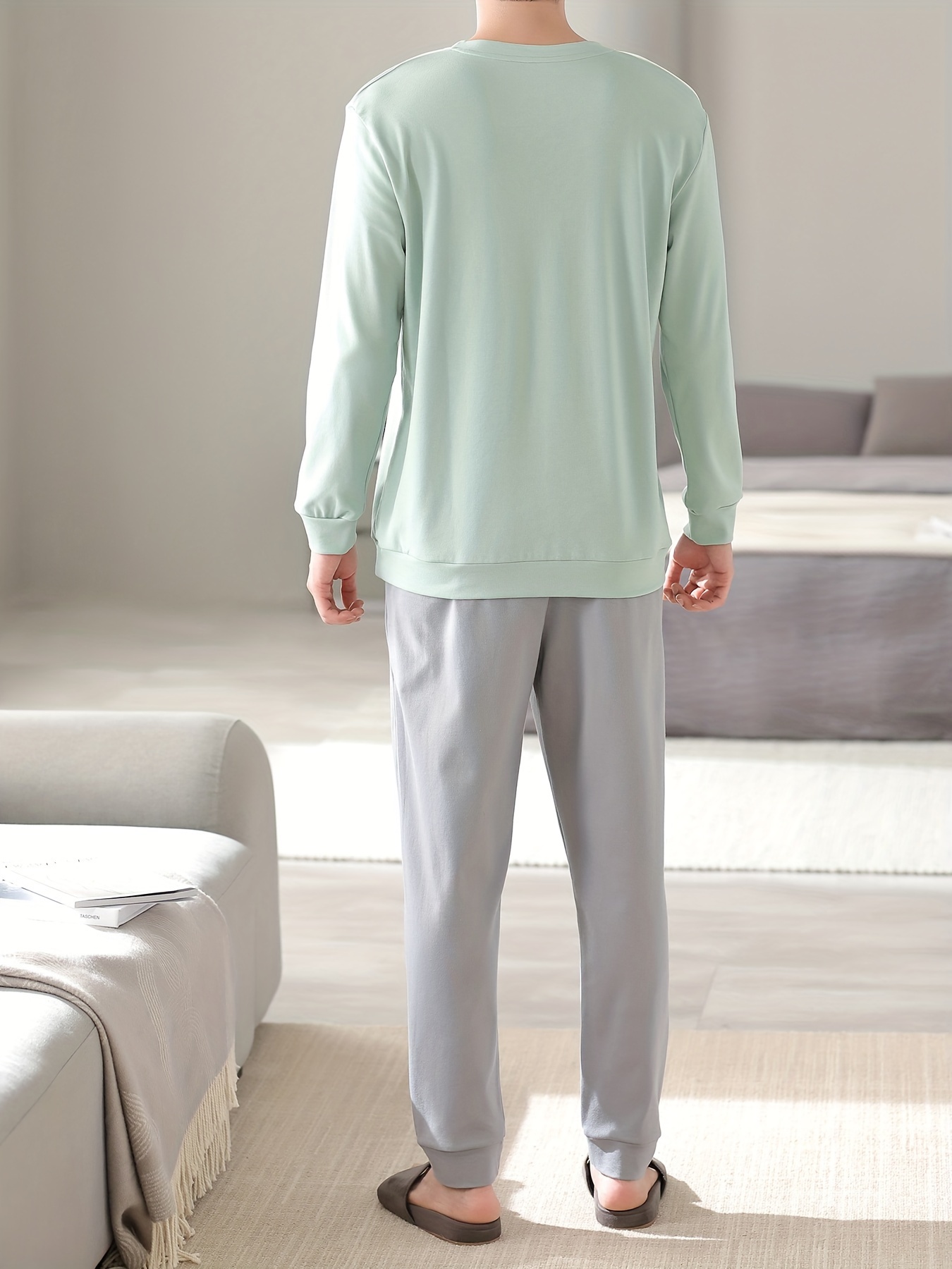 Black Men Nightwear Shirt Pants Sleep Pajamas Sets Long Sleeve