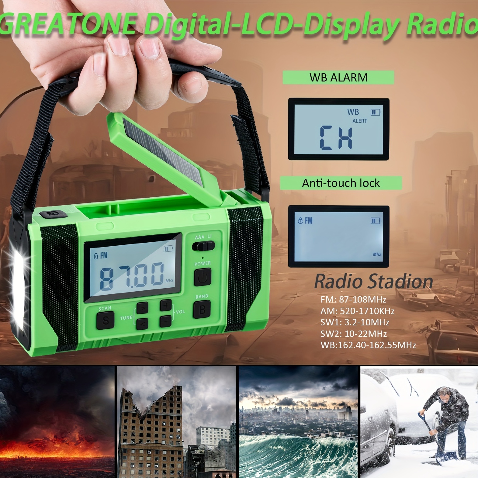 Radio solar con manivela de mano con linterna LED para emergencia, radio  meteorológica portátil NOAA con batería recargable para huracanes al aire
