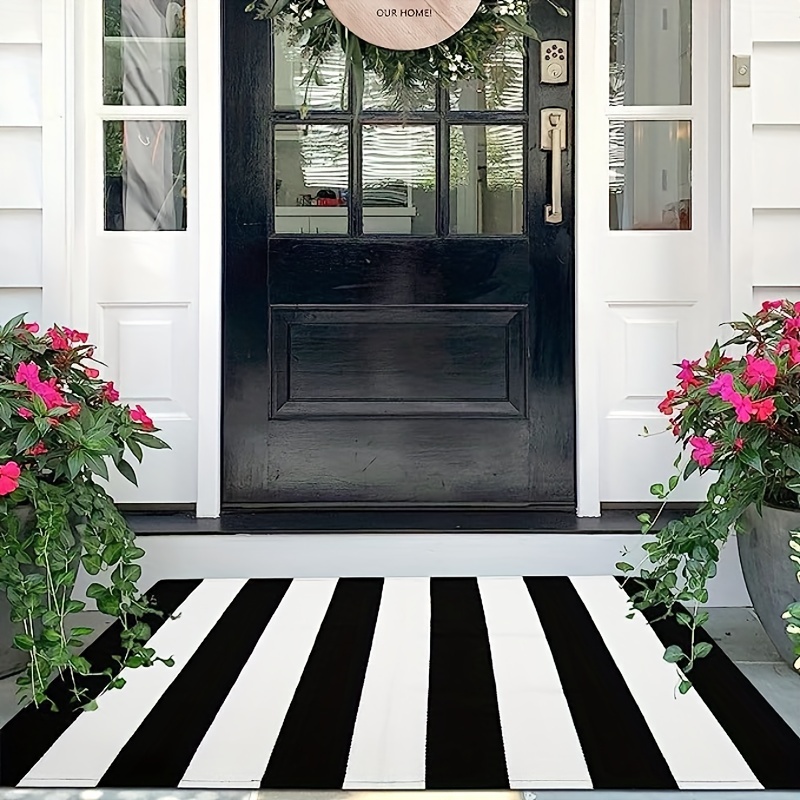 Black and White Striped Outdoor Rug, 27.5x43 Cotton Modern Hand-Woven  Reversible Front Porch Door Mat Welcome Layered Doormat Washable Doorway