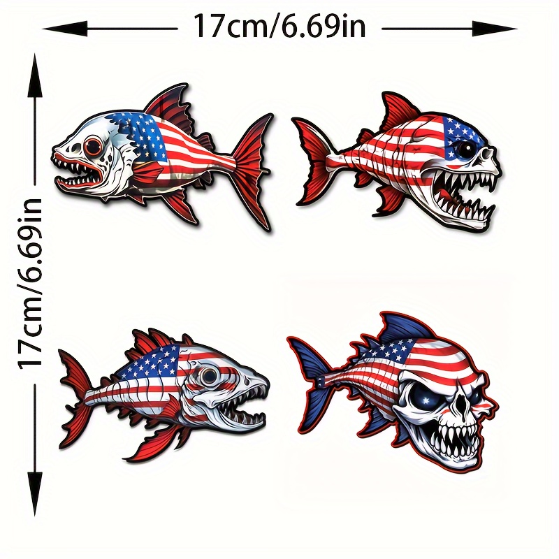 4 In 1 Creative Fish Decal Fishbone Pattern With American Flag Design  Self-adhesive Sticker