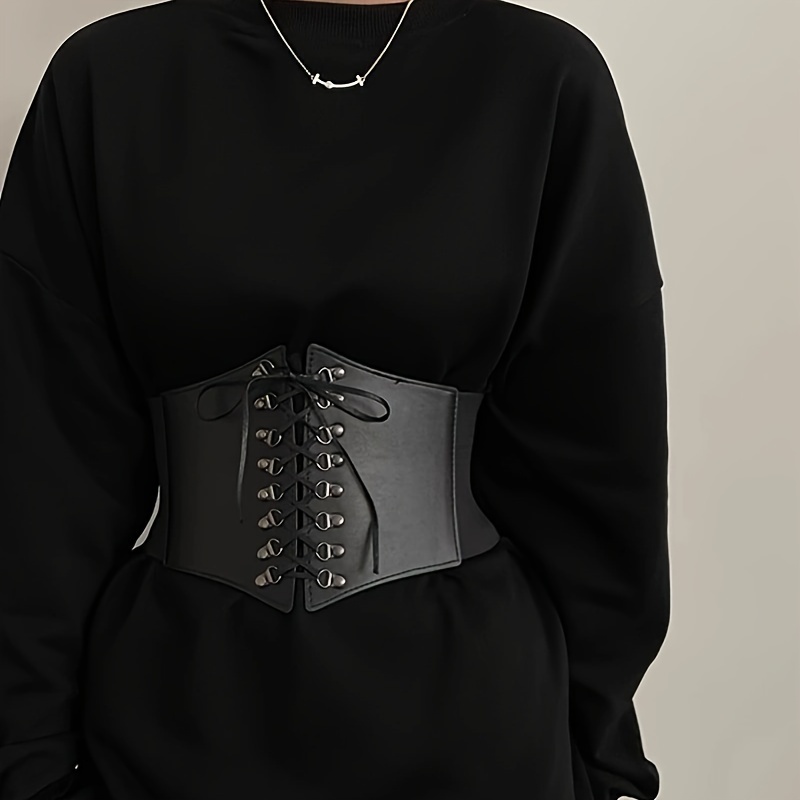 Gothic Lace Wide Belts Vintage Black Elastic Pu Leather - Temu