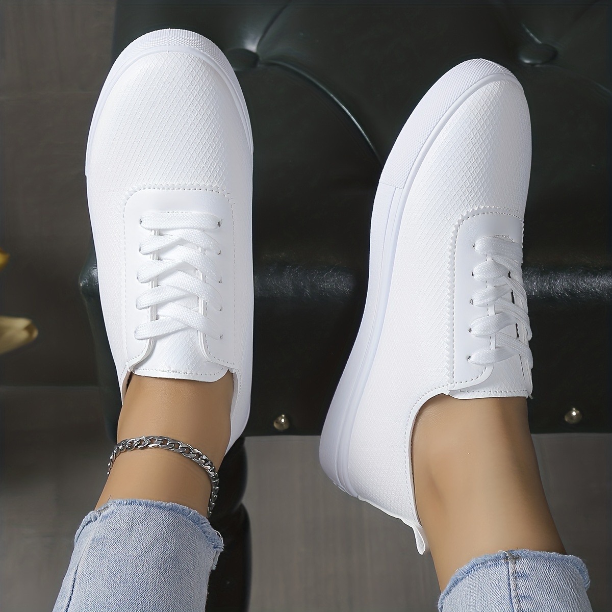 Look Moda: Zapatos Planos Skate Mujer Tenis Blancos Cordones - Temu