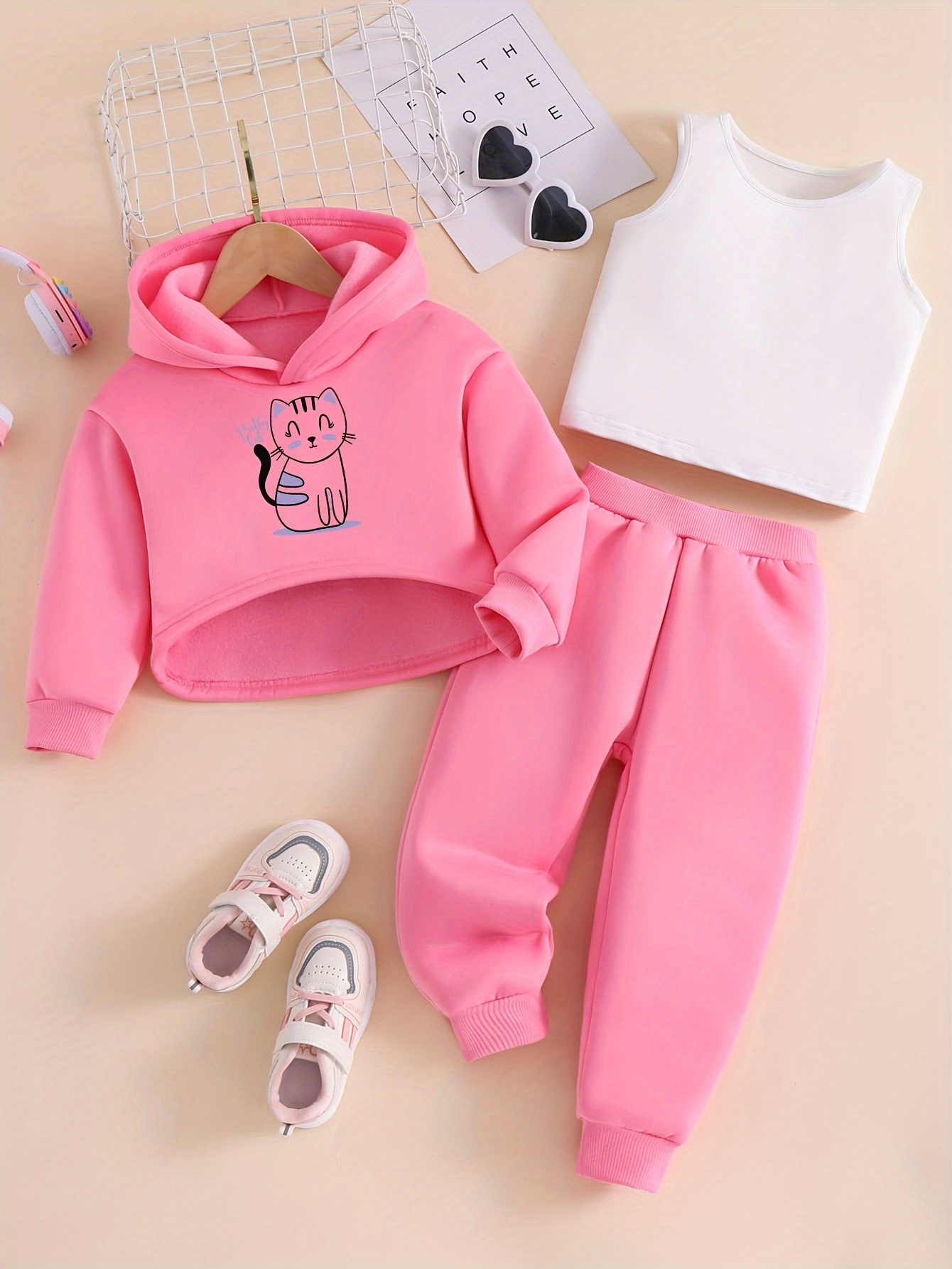 Girl's Three-piece Set Smile Cat Print Hooded Sweatshirt White